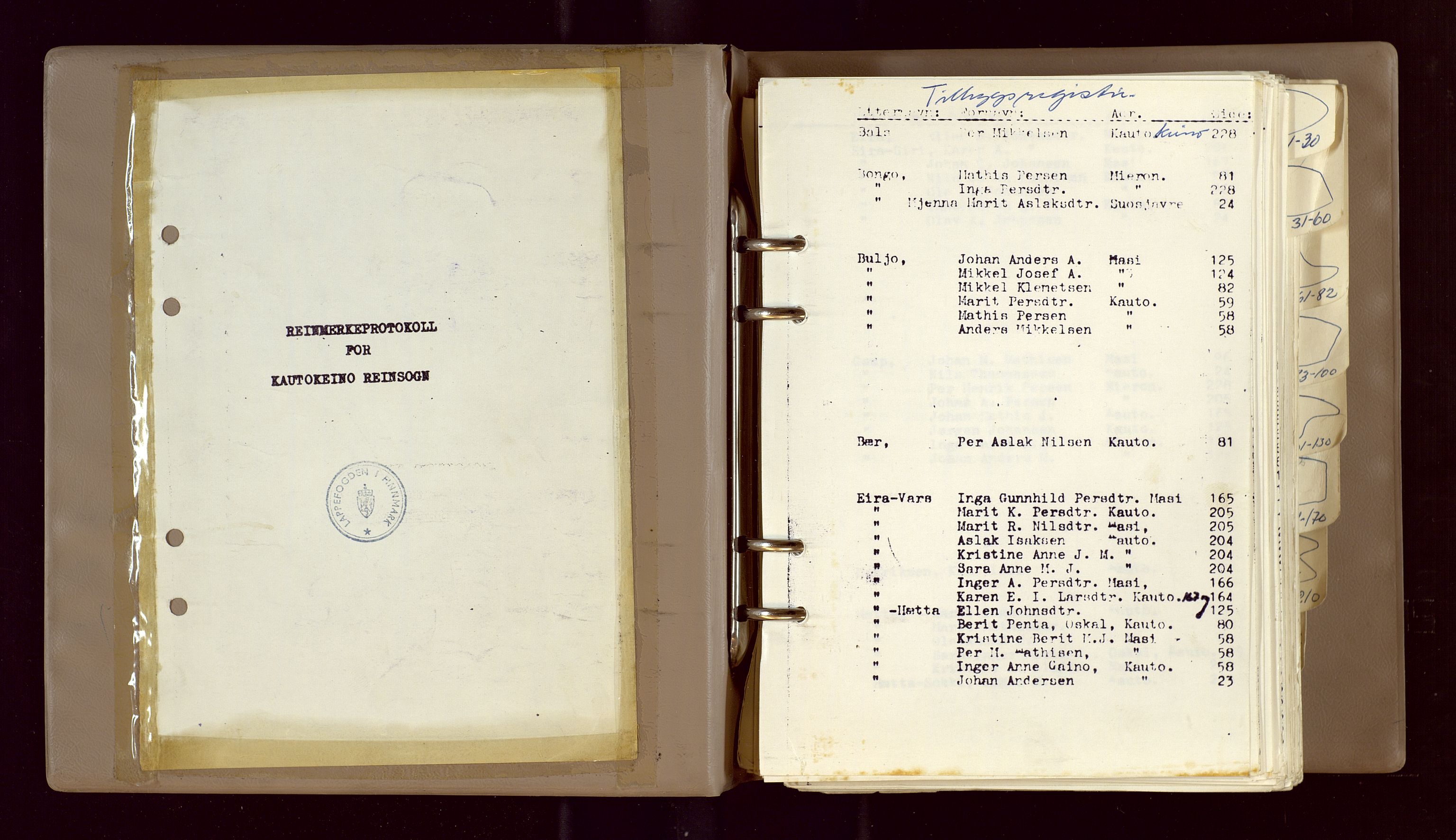 Lappefogden i Finnmark/Reindriftsforvaltningen Øst-Finnmark, AV/SATØ-S-1461/G/Gd/L0002/0003: Reinmerkeregisterprotokoller / Reinmerkeregisterprotokoll for Kautokeino reinsogn, 1969