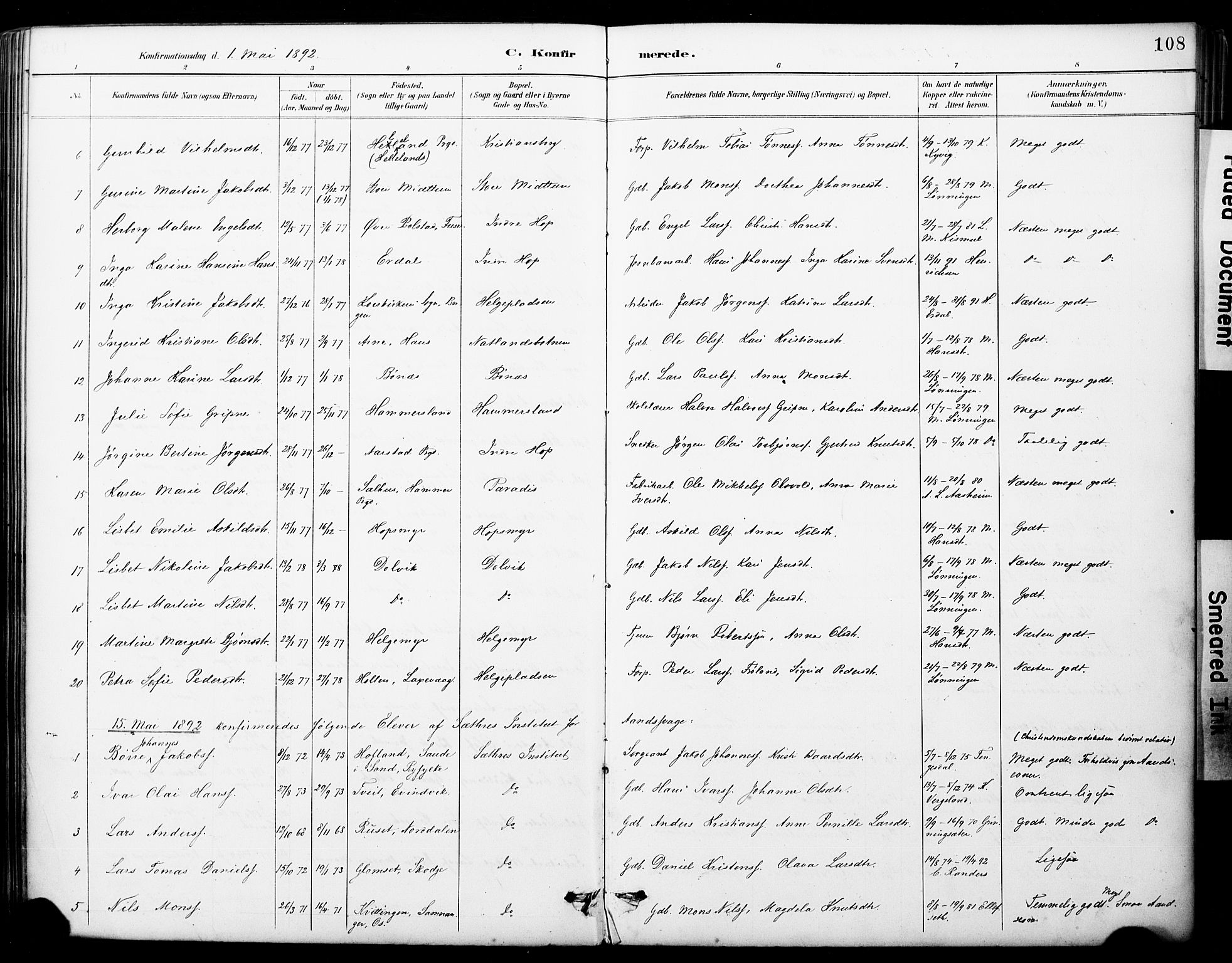 Fana Sokneprestembete, AV/SAB-A-75101/H/Haa/Haai/L0002: Parish register (official) no. I 2, 1888-1899, p. 108