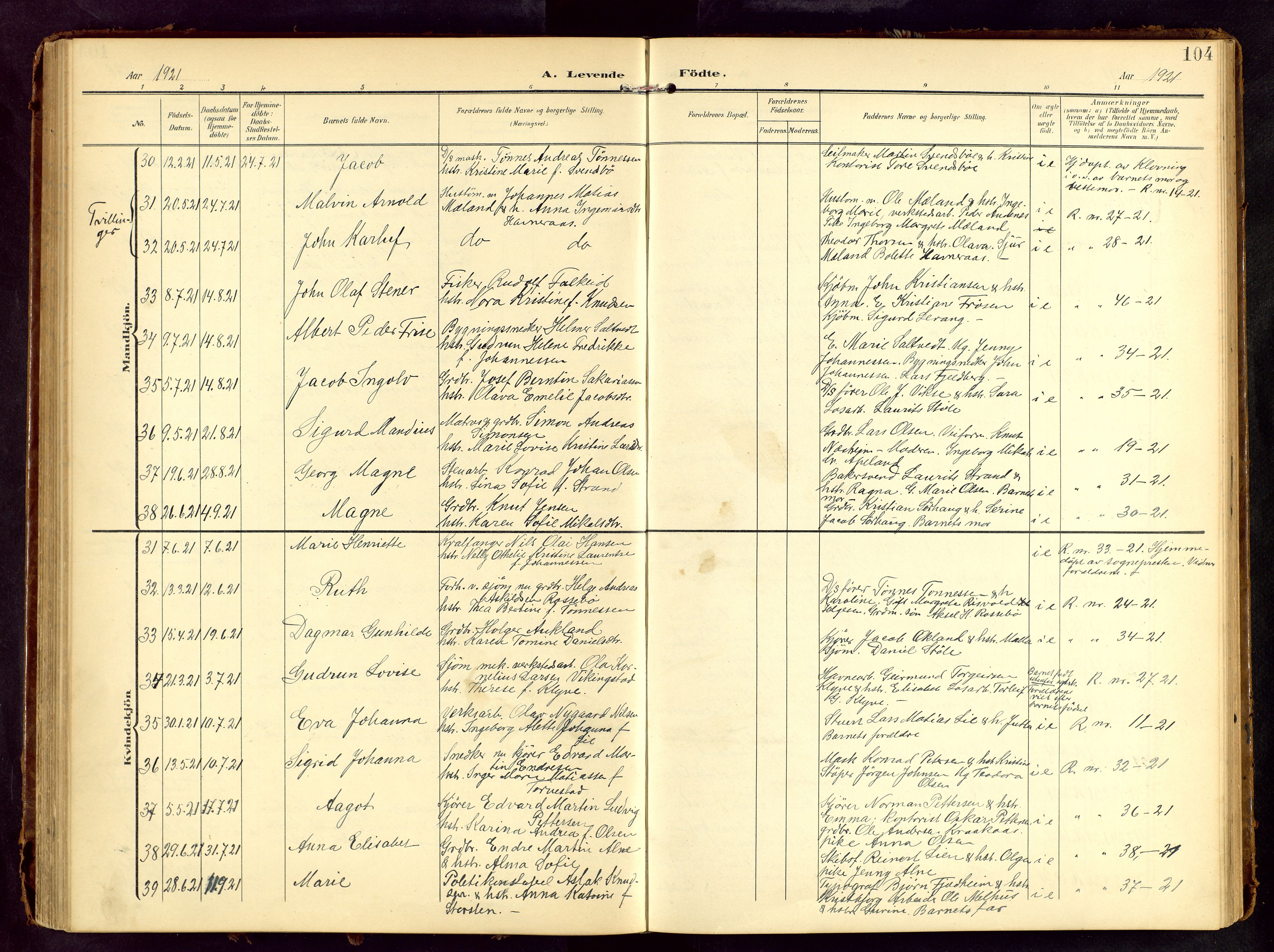 Haugesund sokneprestkontor, AV/SAST-A -101863/H/Ha/Hab/L0006: Parish register (copy) no. B 6, 1906-1944, p. 104