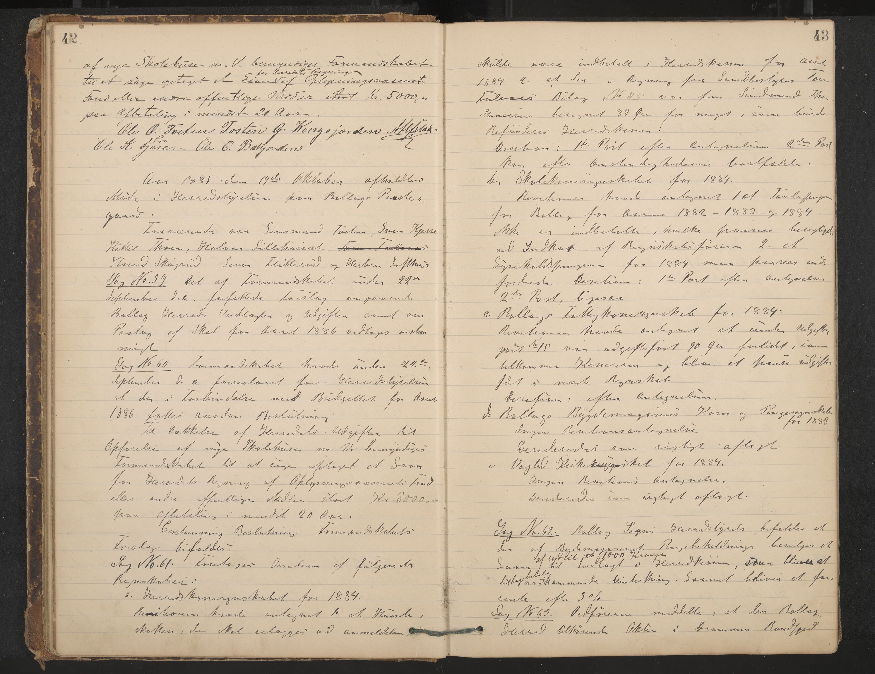 Rollag formannskap og sentraladministrasjon, IKAK/0632021-2/A/Aa/L0003: Møtebok, 1884-1897, p. 42-43