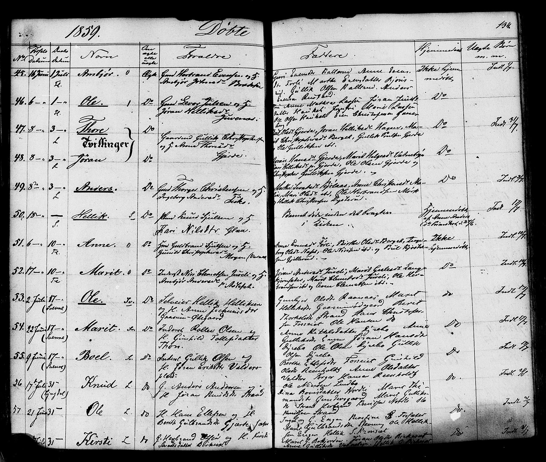Flesberg kirkebøker, SAKO/A-18/F/Fa/L0006: Parish register (official) no. I 6, 1834-1860, p. 134