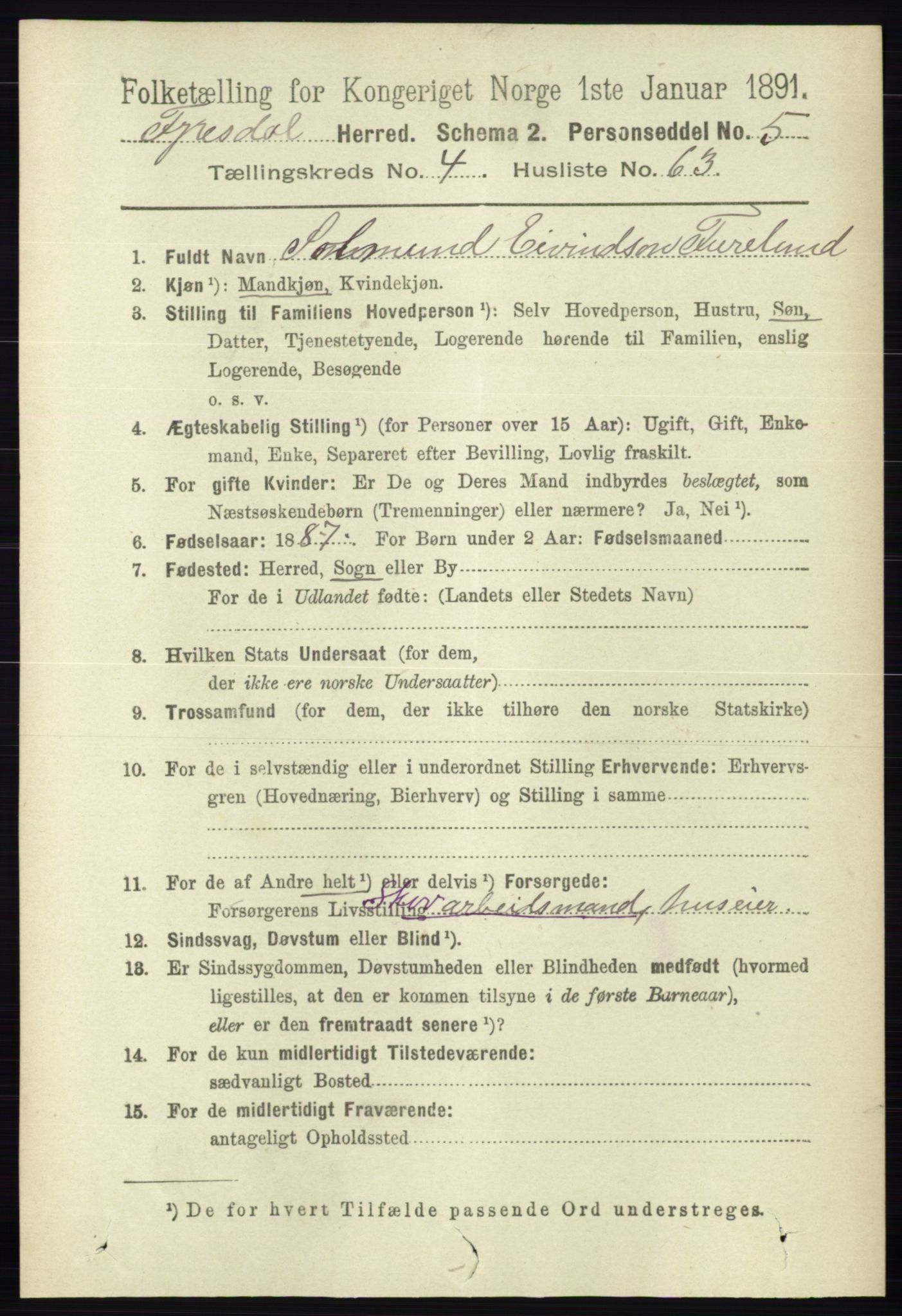 RA, 1891 census for 0831 Fyresdal, 1891, p. 1219