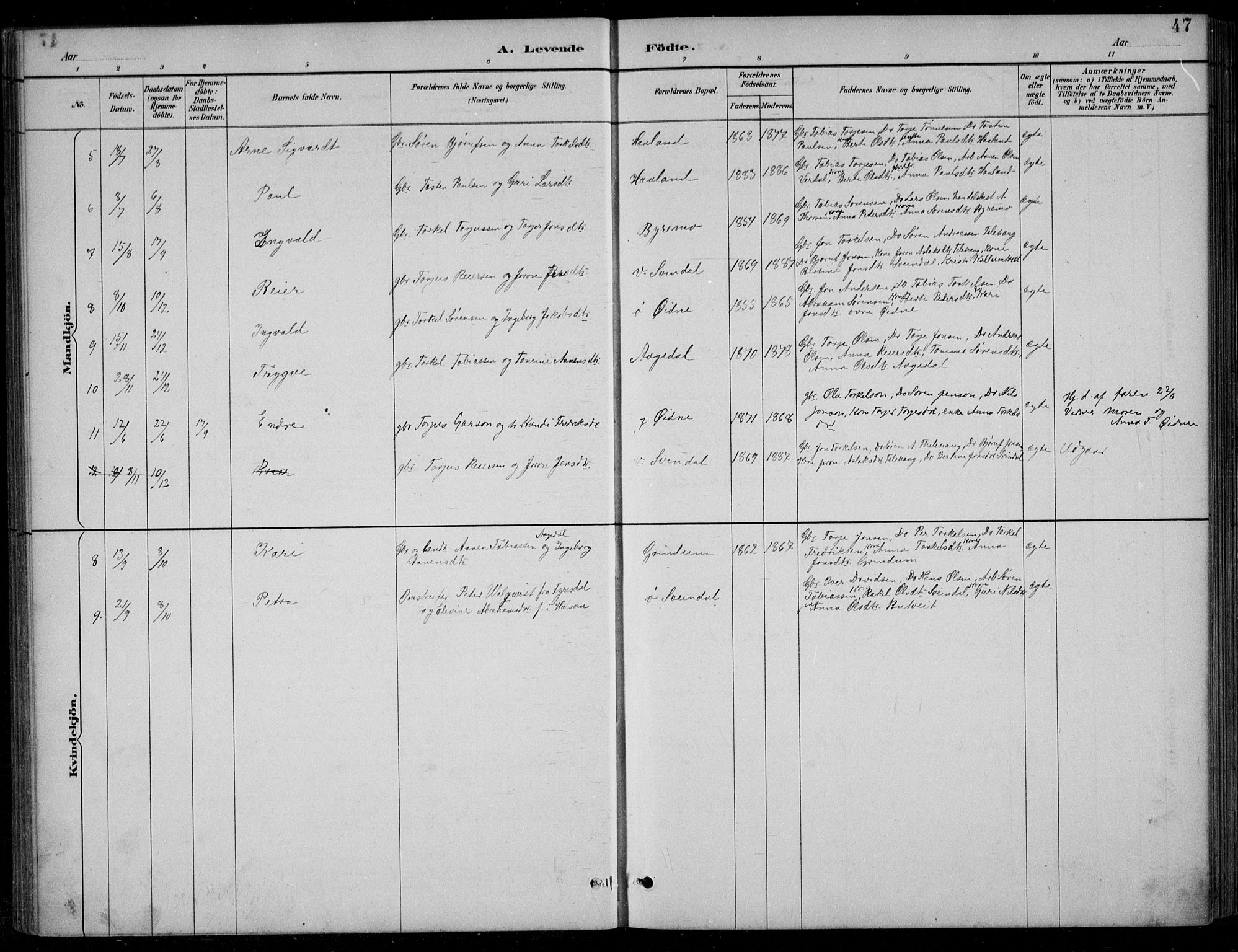 Bjelland sokneprestkontor, SAK/1111-0005/F/Fb/Fbc/L0003: Parish register (copy) no. B 3, 1887-1924, p. 47