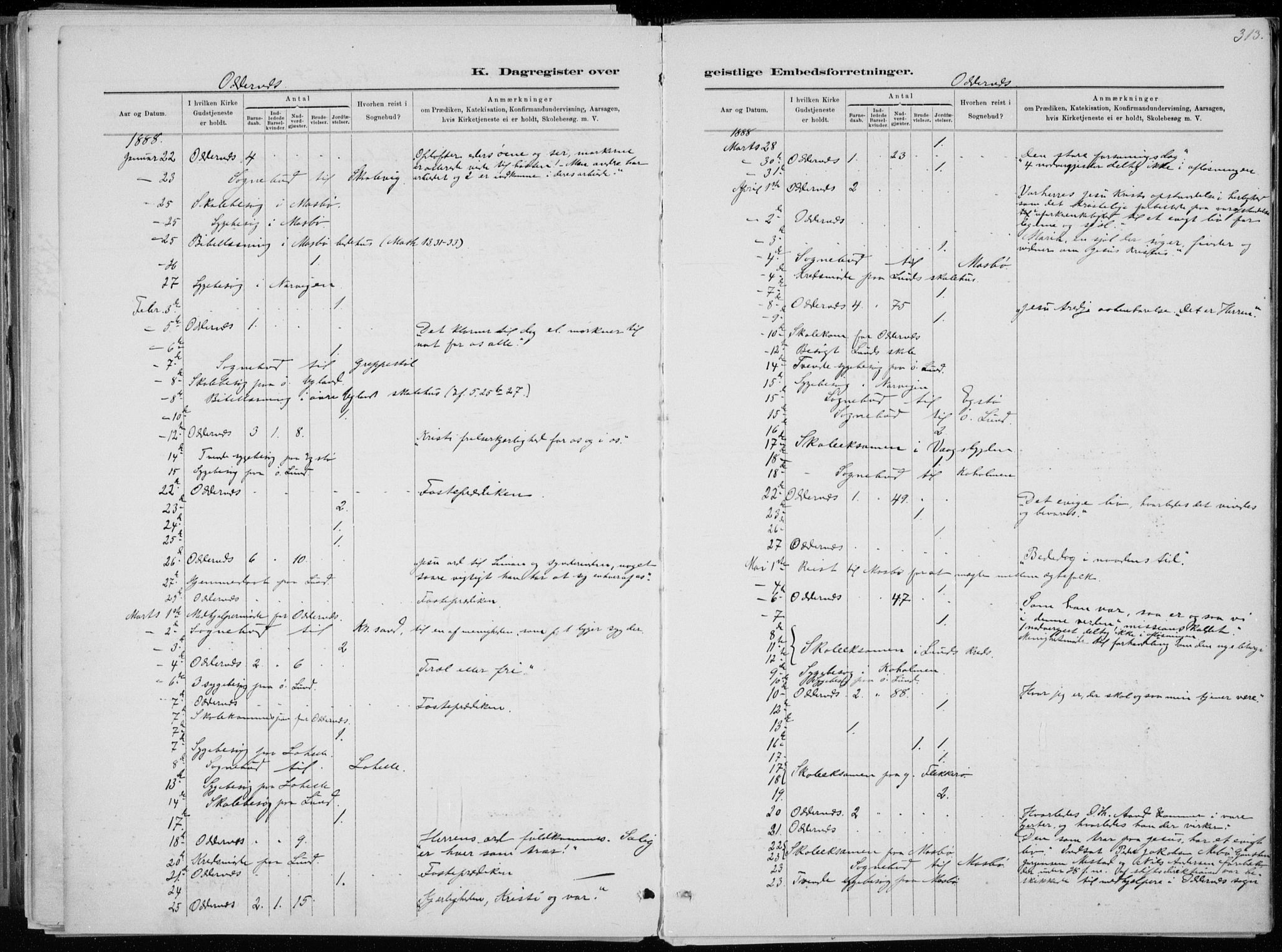 Oddernes sokneprestkontor, SAK/1111-0033/F/Fa/Faa/L0009: Parish register (official) no. A 9, 1884-1896, p. 313