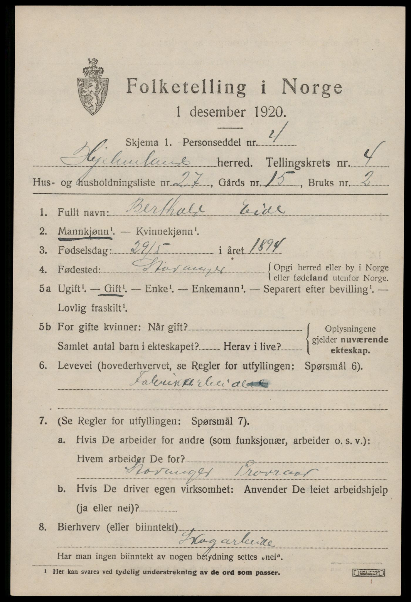 SAST, 1920 census for Hjelmeland, 1920, p. 1789
