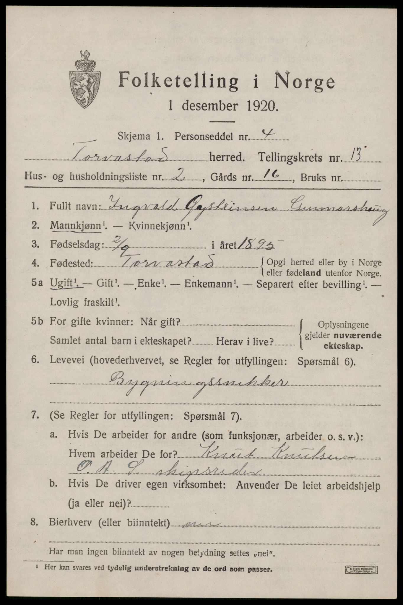 SAST, 1920 census for Torvastad, 1920, p. 4924