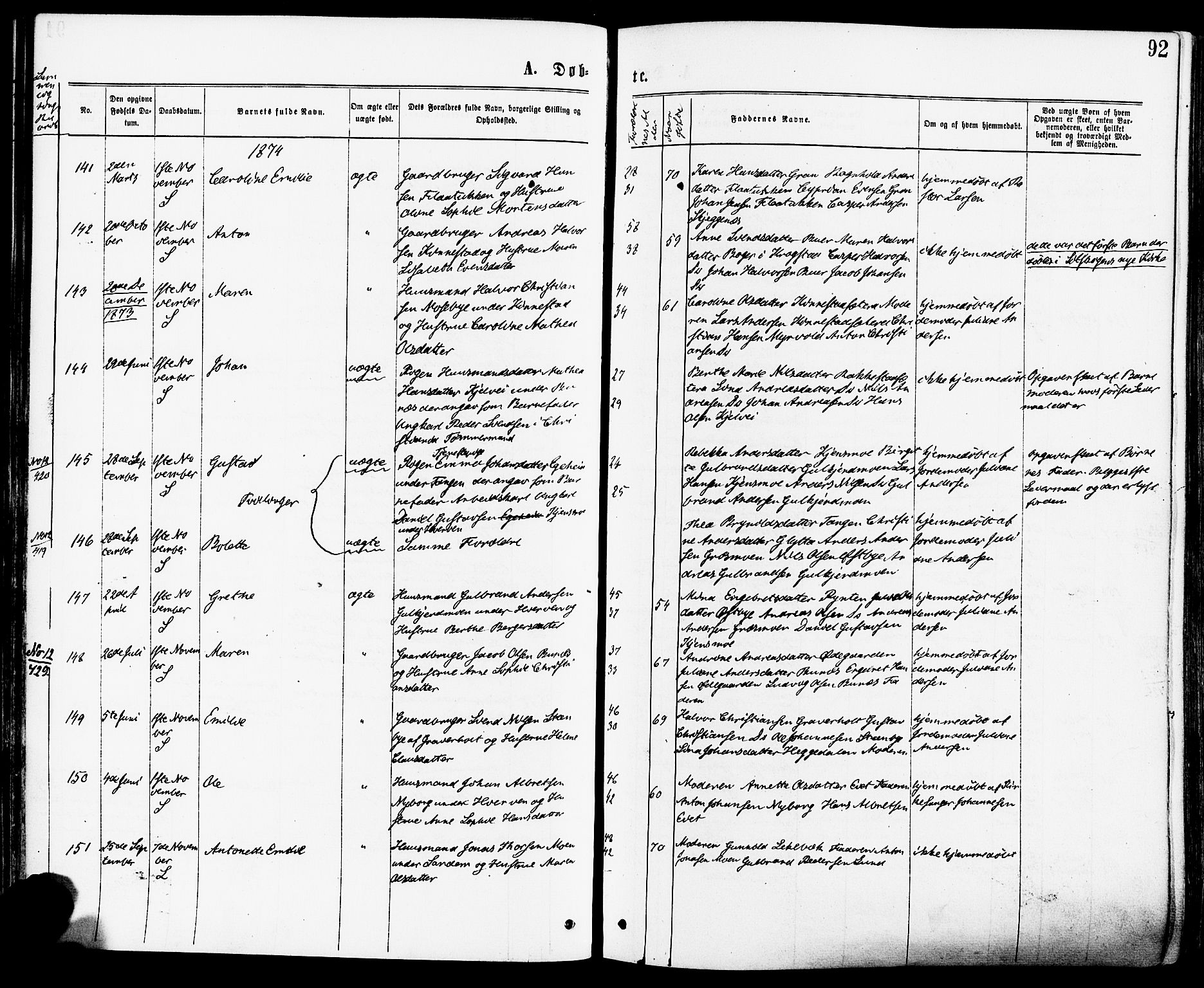 Høland prestekontor Kirkebøker, AV/SAO-A-10346a/F/Fa/L0012.a: Parish register (official) no. I 12A, 1869-1879, p. 92