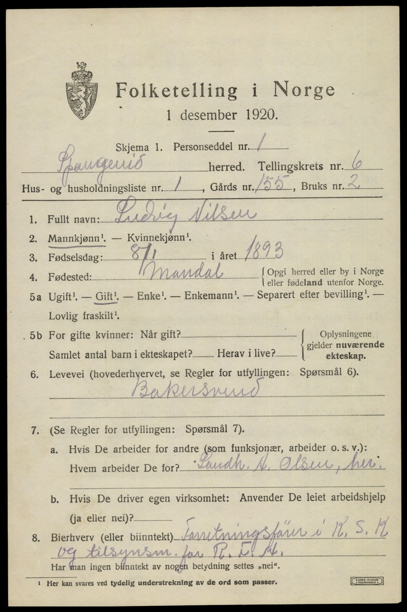 SAK, 1920 census for Spangereid, 1920, p. 2205