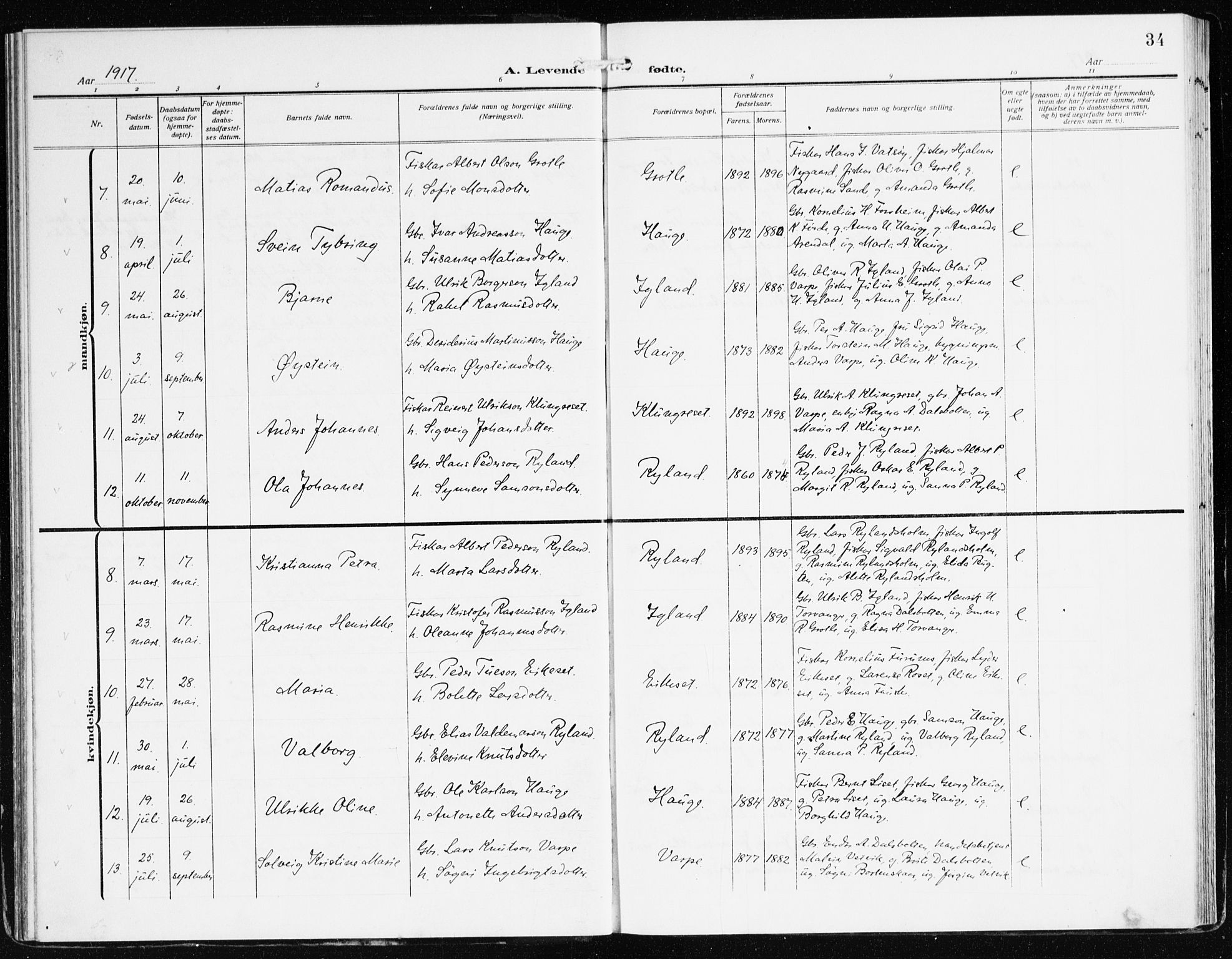 Bremanger sokneprestembete, SAB/A-82201/H/Haa/Haac/L0001: Parish register (official) no. C 1, 1908-1921, p. 34