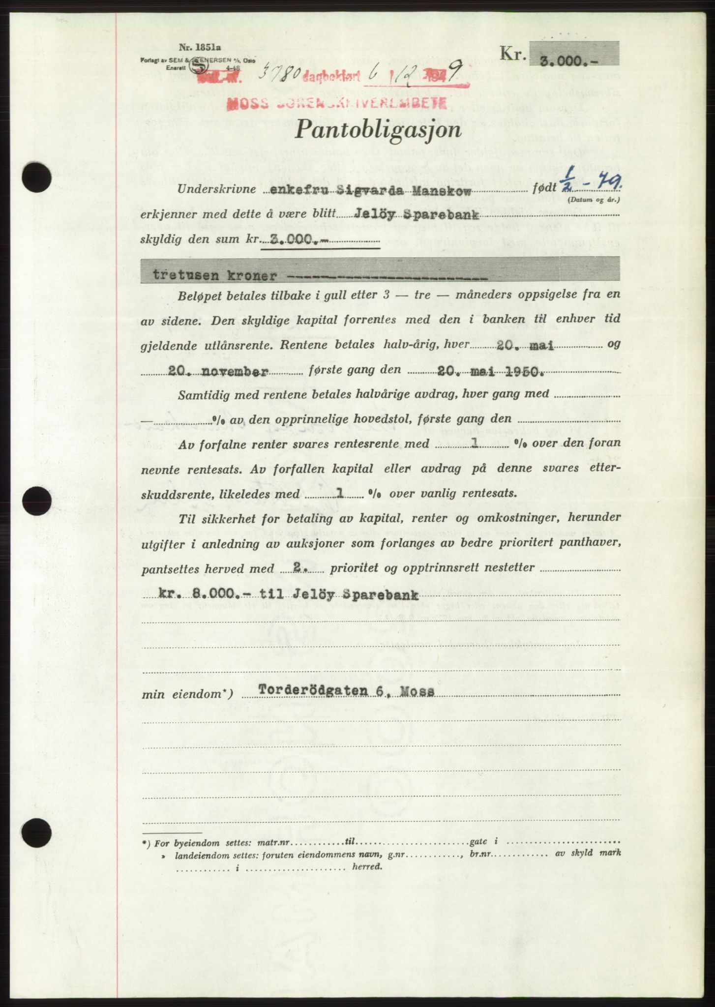 Moss sorenskriveri, SAO/A-10168: Mortgage book no. B23, 1949-1950, Diary no: : 3780/1949