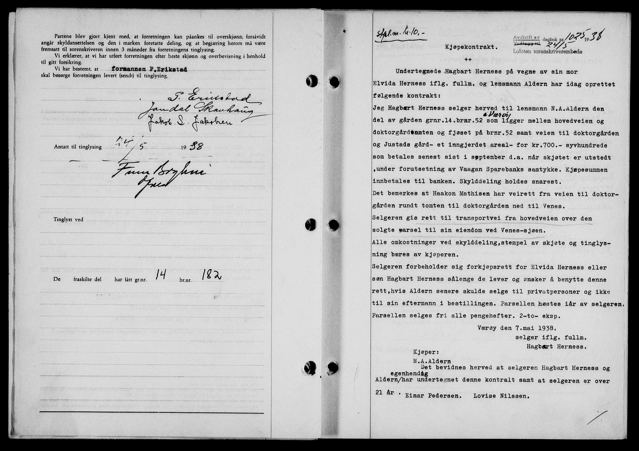 Lofoten sorenskriveri, SAT/A-0017/1/2/2C/L0004a: Mortgage book no. 4a, 1938-1938, Diary no: : 1025/1938