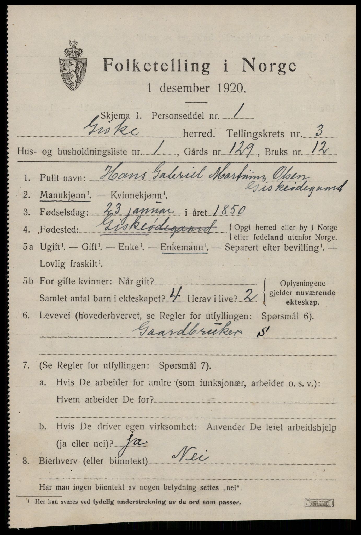 SAT, 1920 census for Giske, 1920, p. 1650