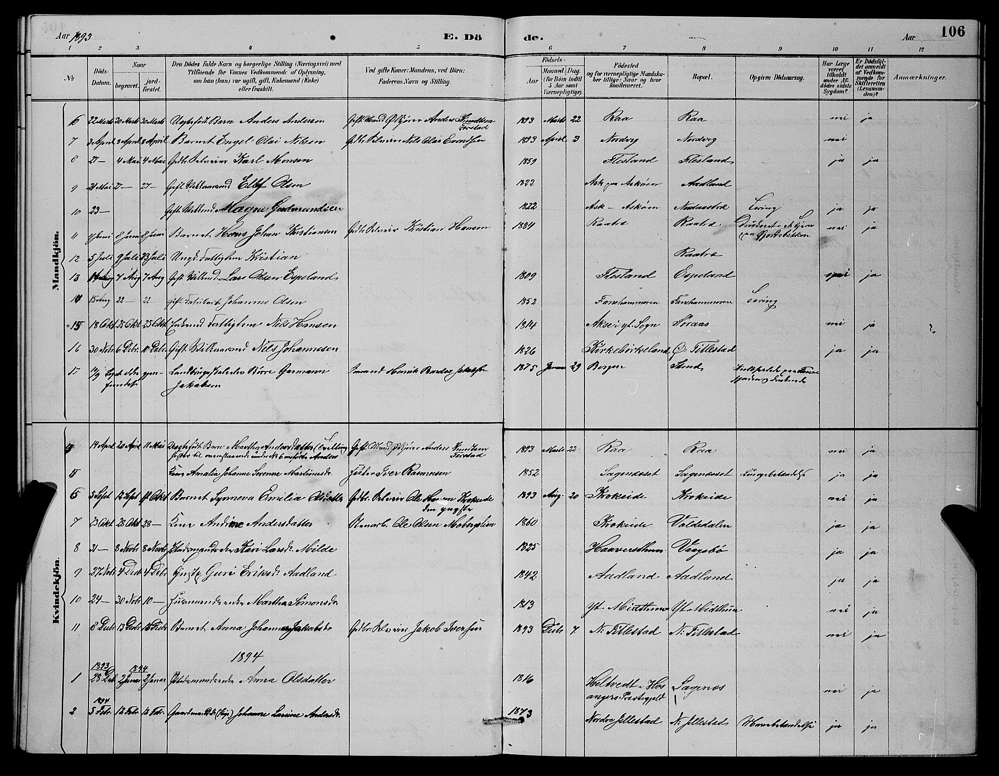 Fana Sokneprestembete, AV/SAB-A-75101/H/Hab/Haba/L0002: Parish register (copy) no. A 2, 1889-1895, p. 106