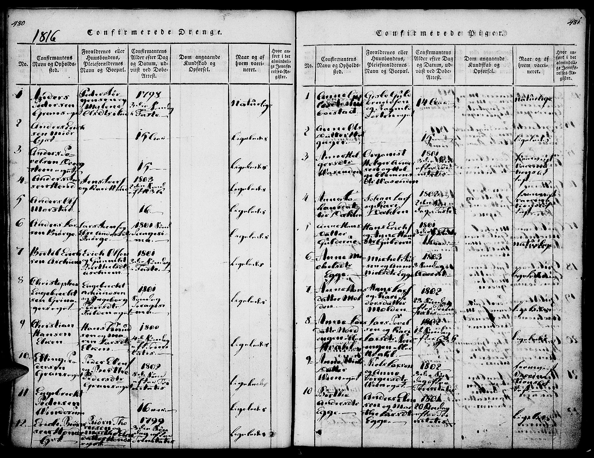 Gran prestekontor, SAH/PREST-112/H/Ha/Haa/L0009: Parish register (official) no. 9, 1815-1824, p. 480-481