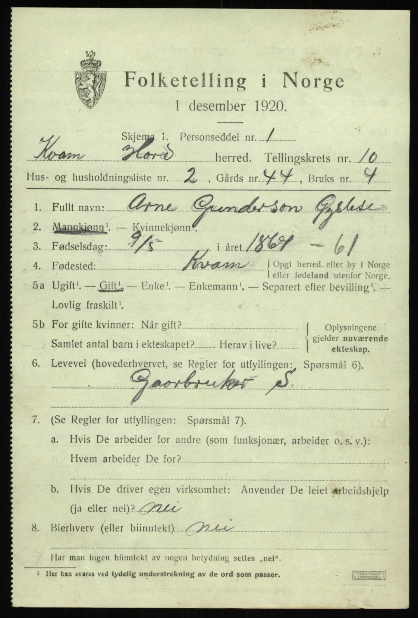 SAB, 1920 census for Kvam, 1920, p. 6335