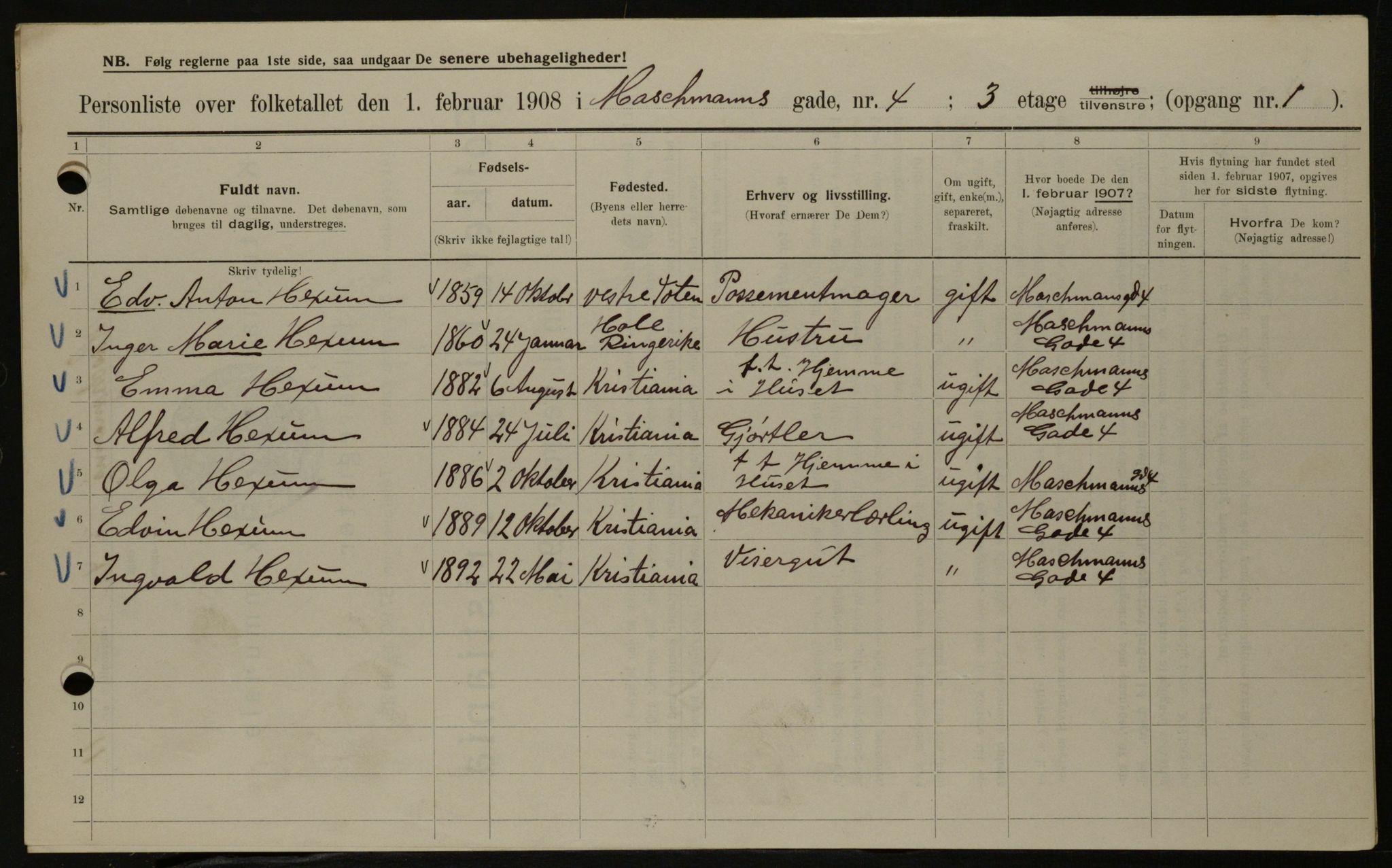 OBA, Municipal Census 1908 for Kristiania, 1908, p. 58101