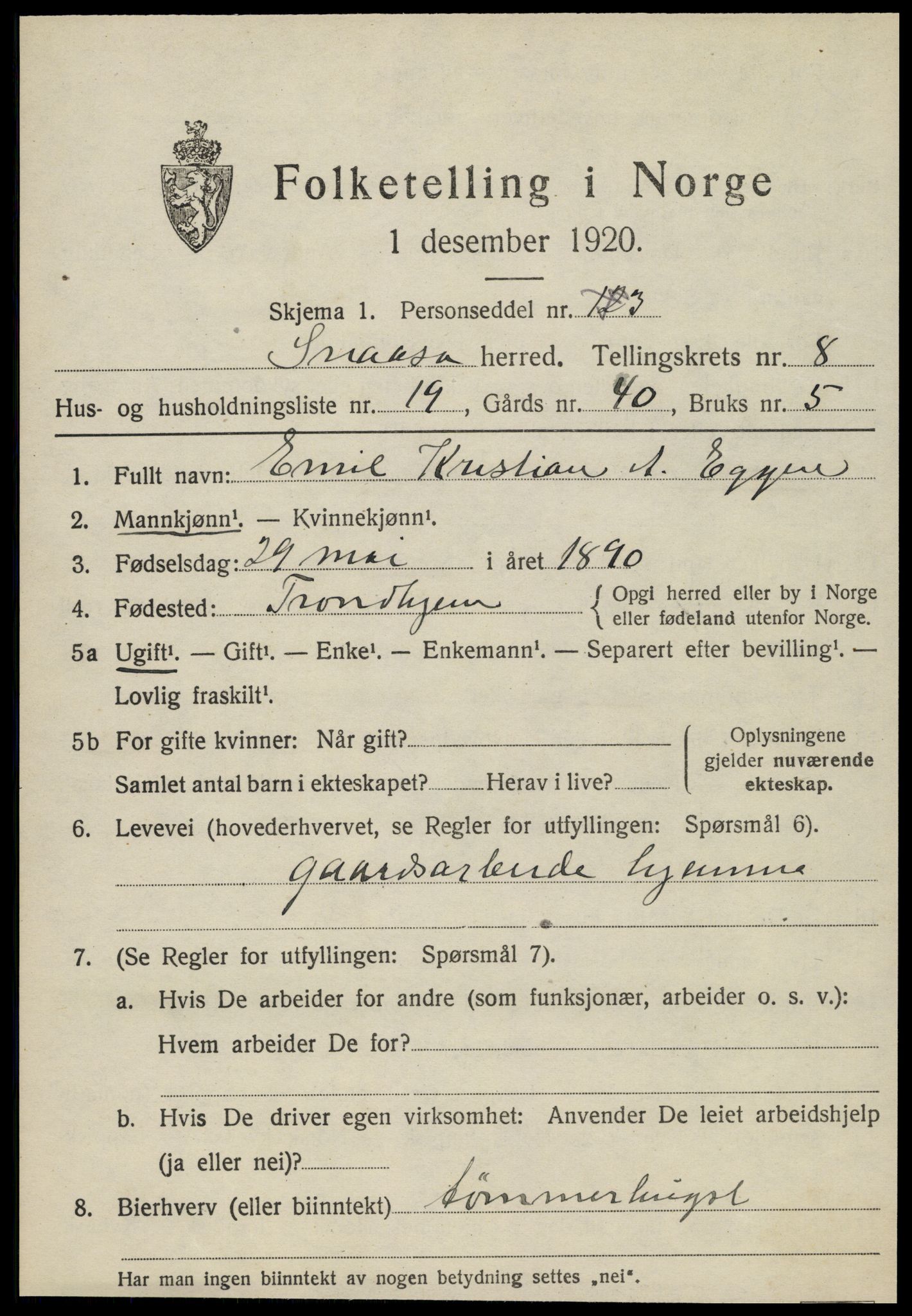 SAT, 1920 census for Snåsa, 1920, p. 3412