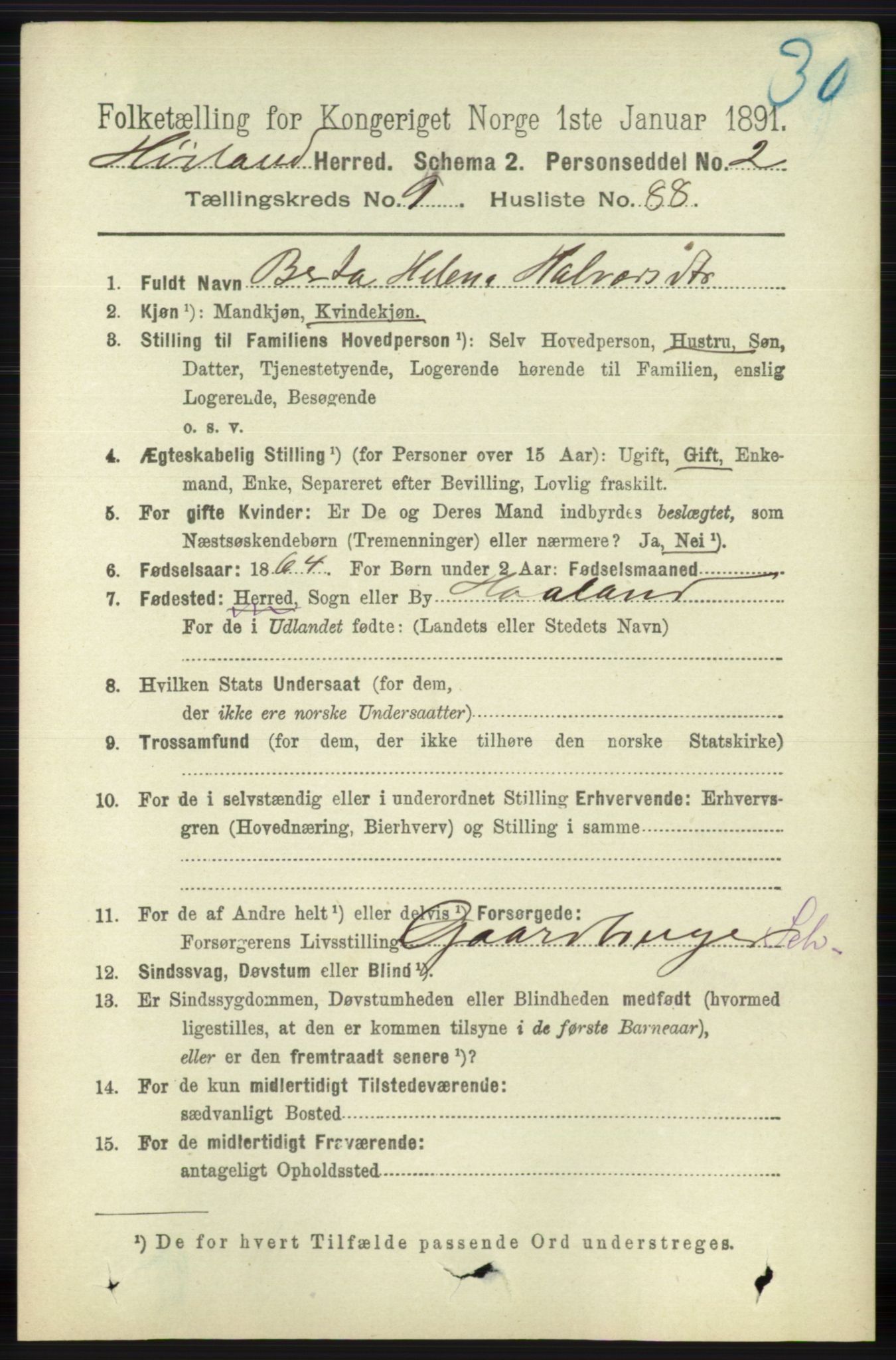 RA, 1891 census for 1123 Høyland, 1891, p. 4042