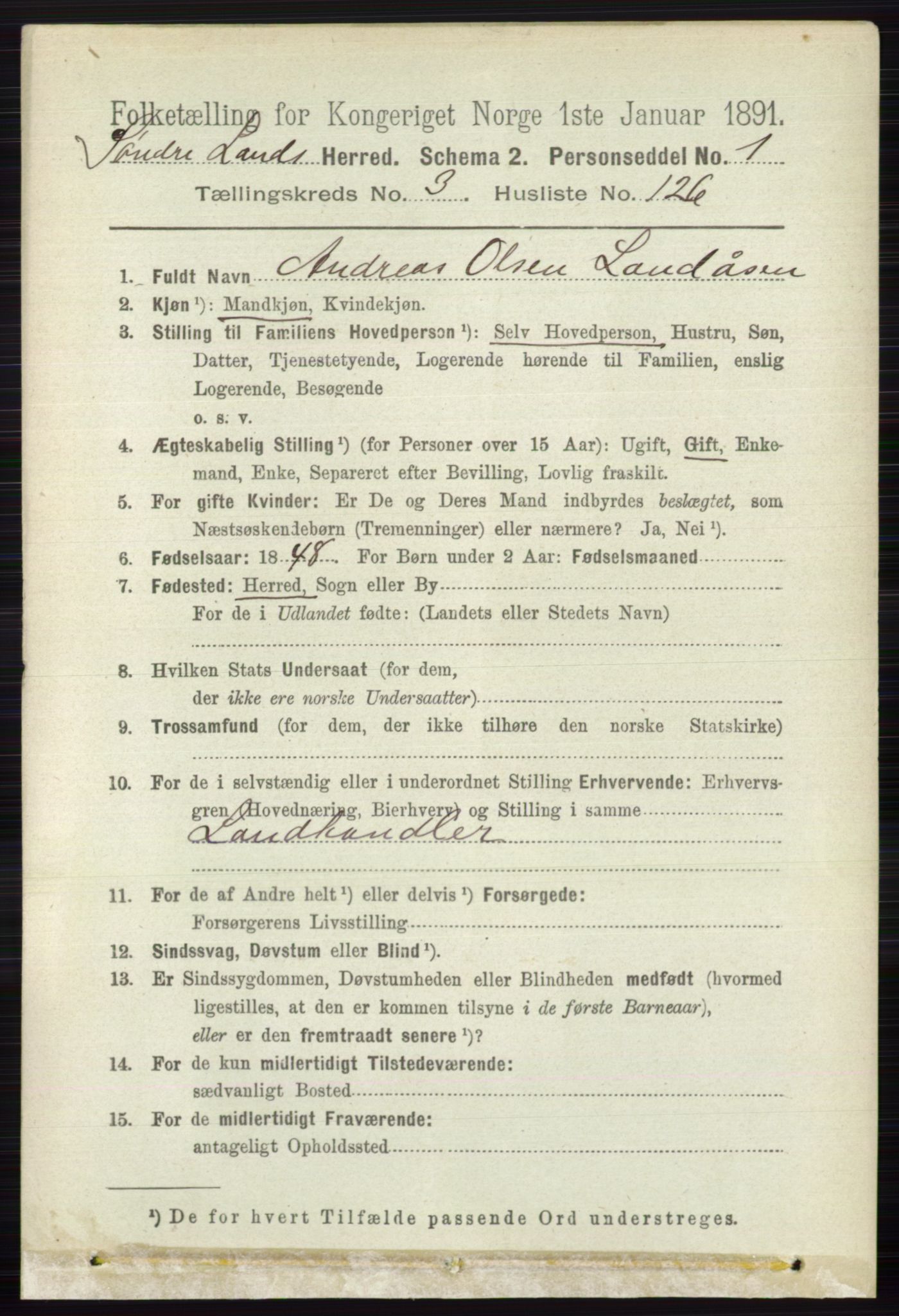 RA, 1891 census for 0536 Søndre Land, 1891, p. 3258