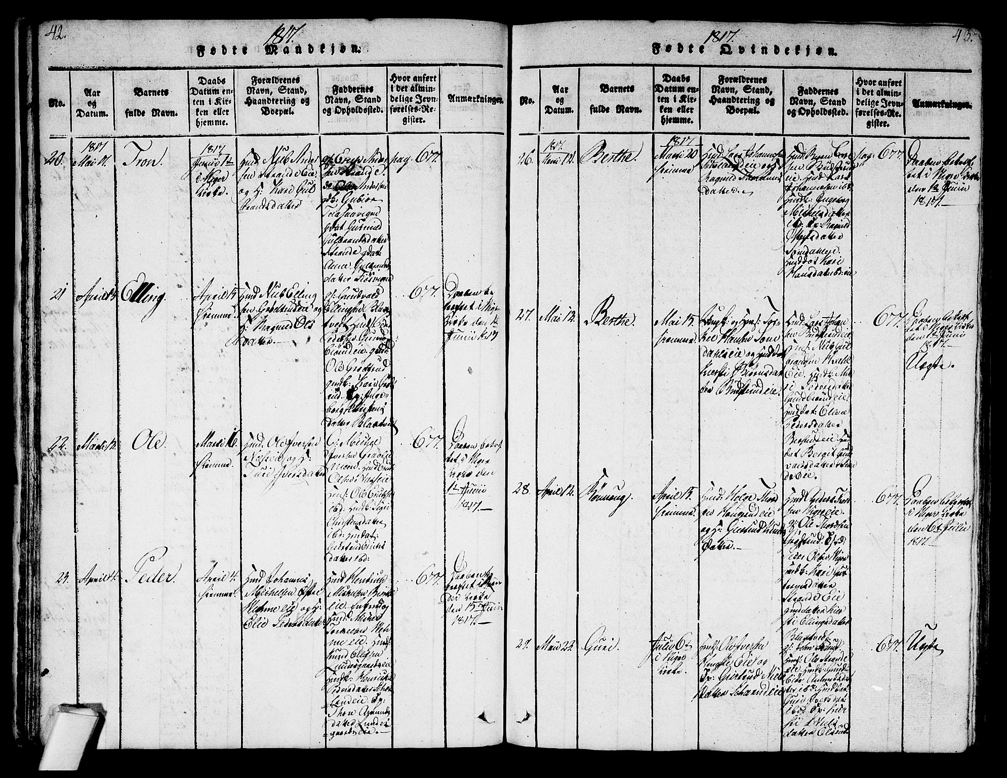 Norderhov kirkebøker, AV/SAKO-A-237/G/Ga/L0003: Parish register (copy) no. I 3 /2, 1814-1876, p. 42-43