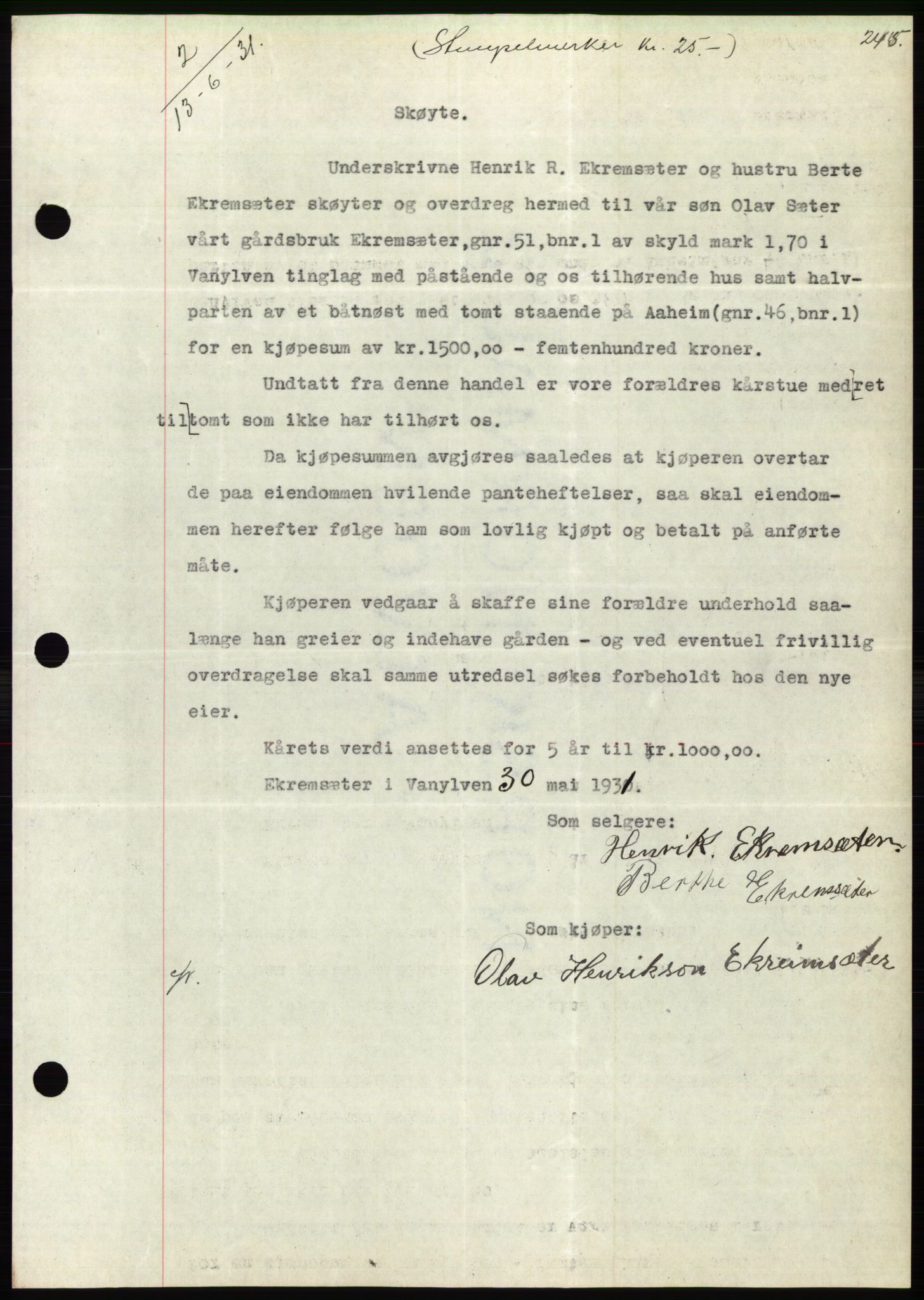 Søre Sunnmøre sorenskriveri, AV/SAT-A-4122/1/2/2C/L0052: Mortgage book no. 46, 1931-1931, Deed date: 13.06.1931