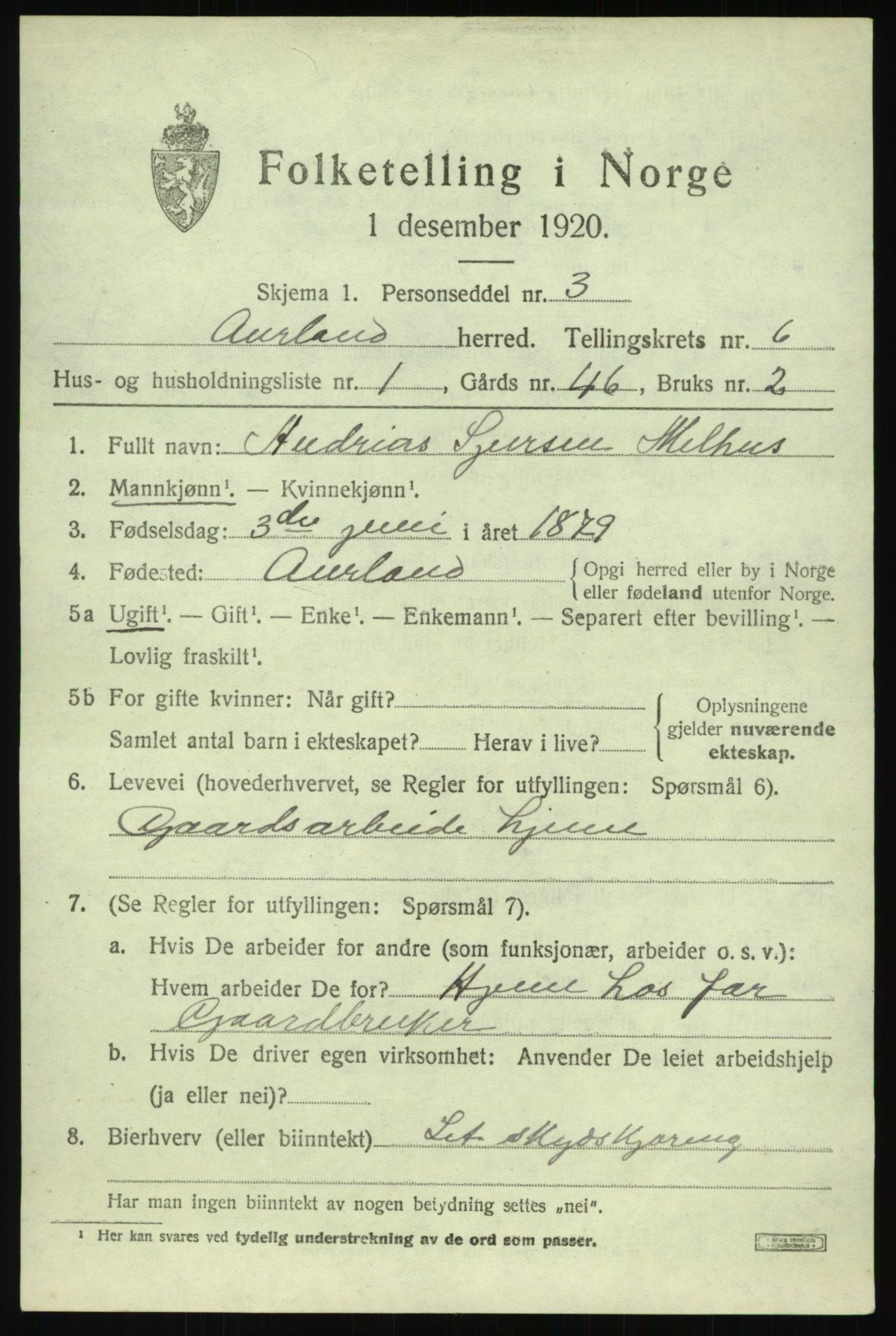 SAB, 1920 census for Aurland, 1920, p. 3870