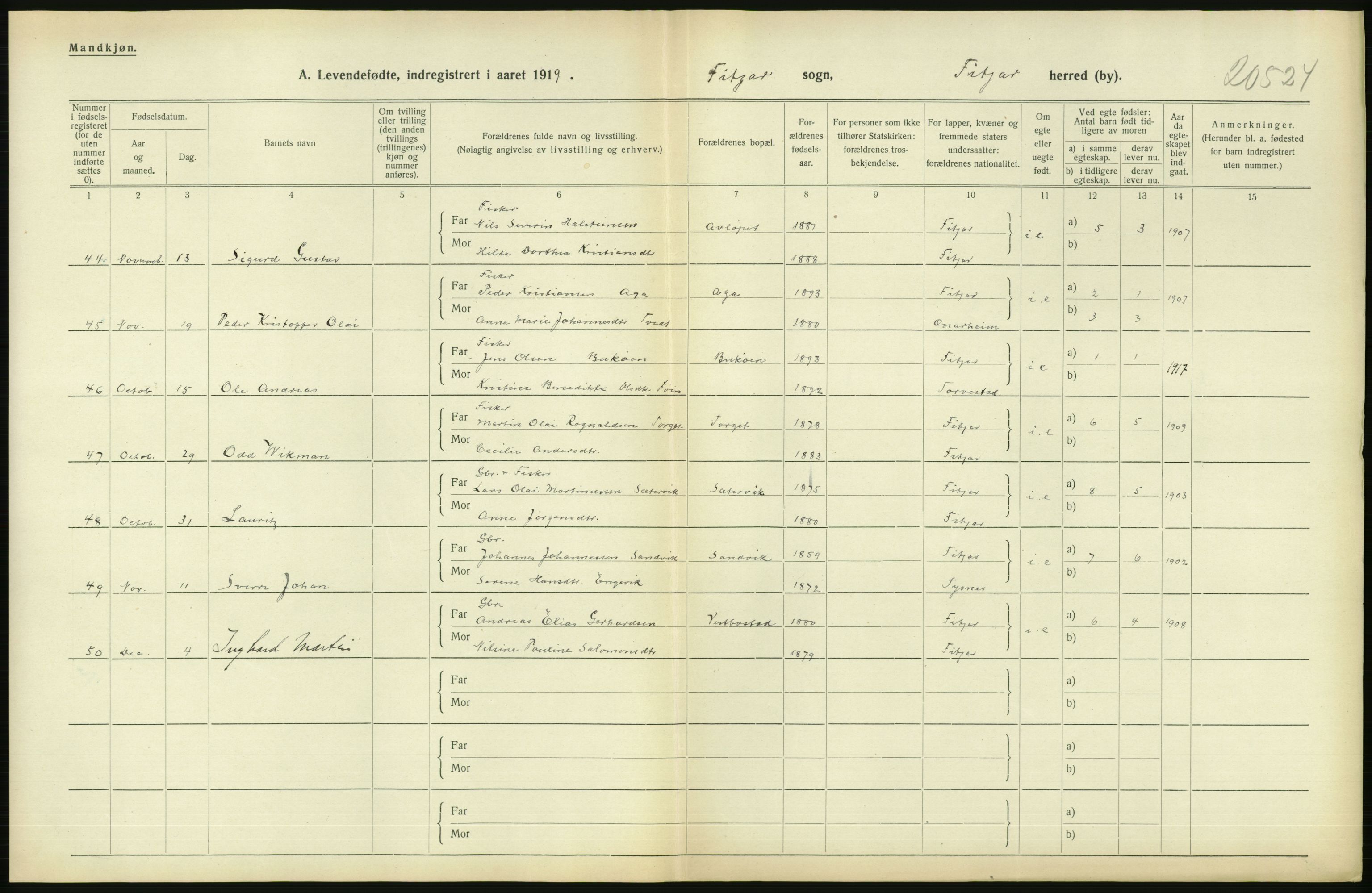 Statistisk sentralbyrå, Sosiodemografiske emner, Befolkning, RA/S-2228/D/Df/Dfb/Dfbi/L0031: Hordaland fylke: Levendefødte menn og kvinner. Bygder., 1919, p. 682