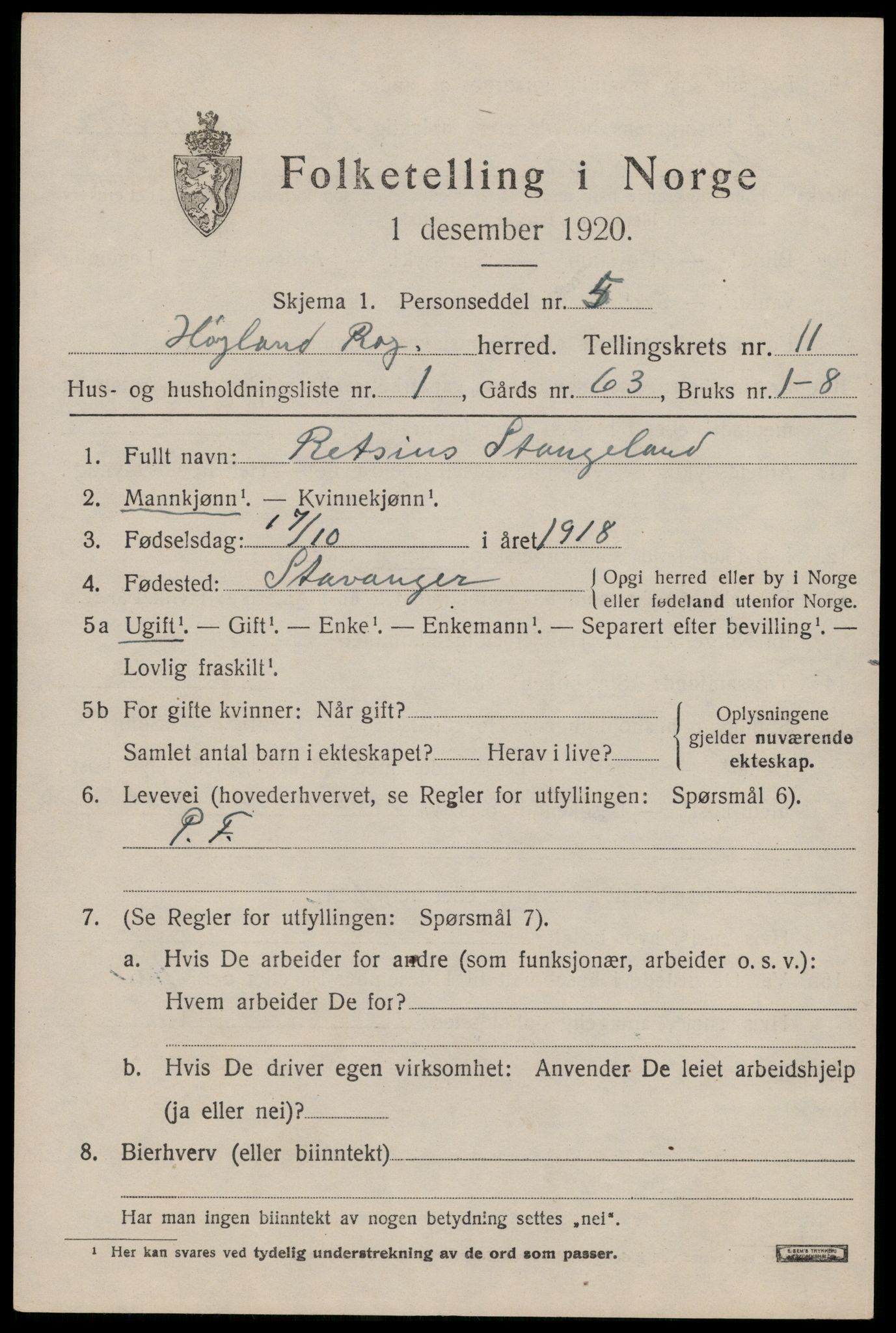 SAST, 1920 census for Høyland, 1920, p. 8674