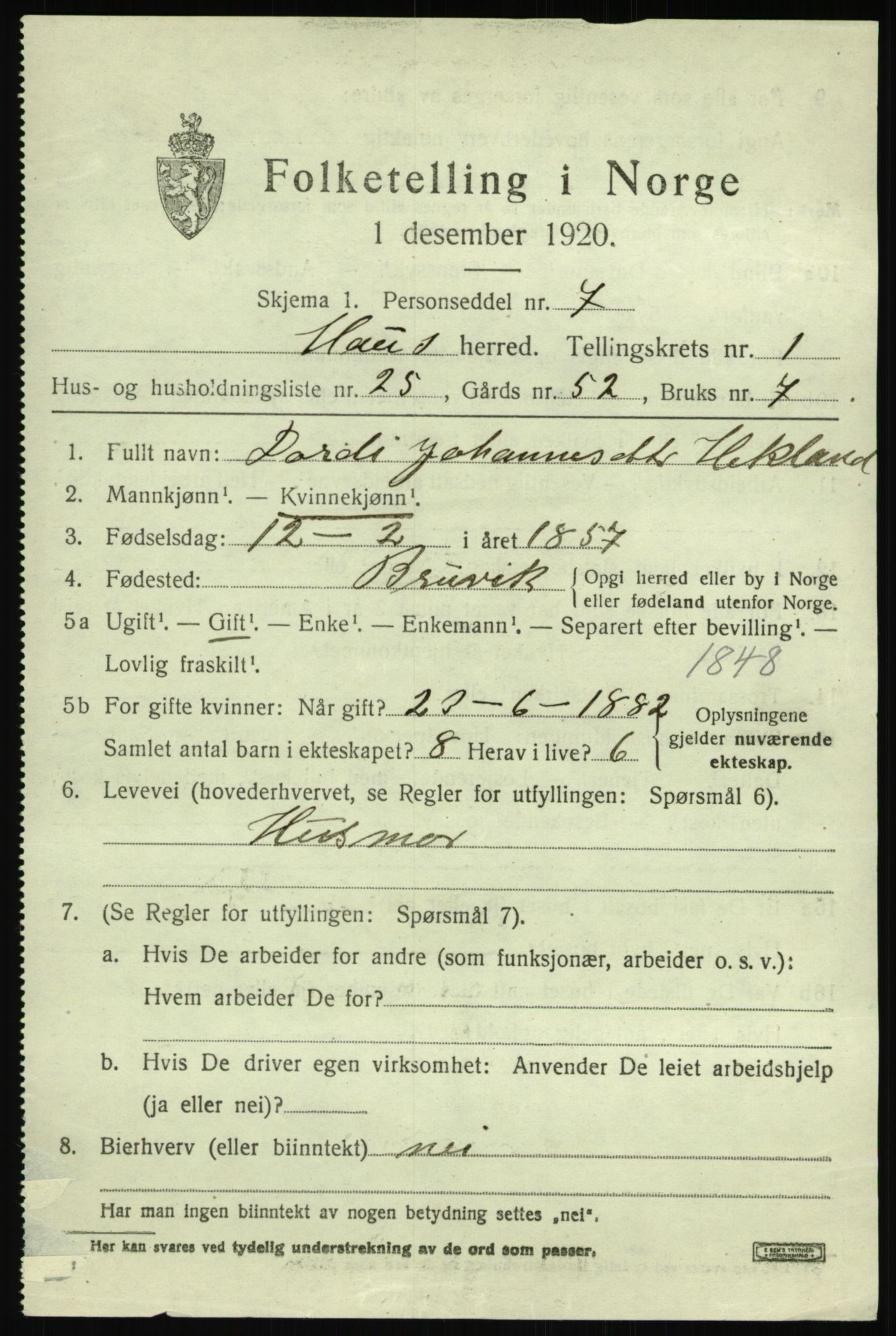 SAB, 1920 census for Haus, 1920, p. 2035