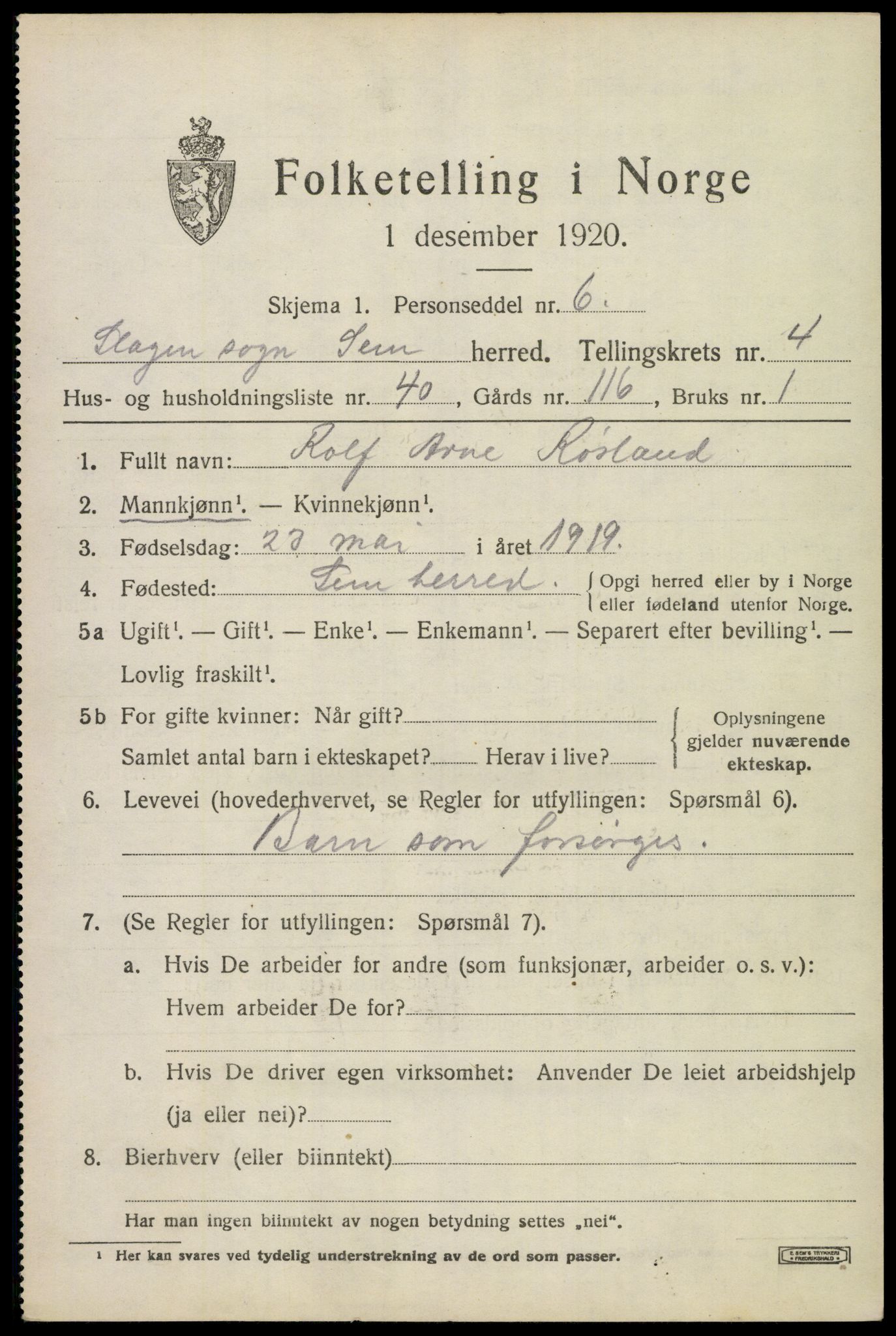 SAKO, 1920 census for Sem, 1920, p. 7509