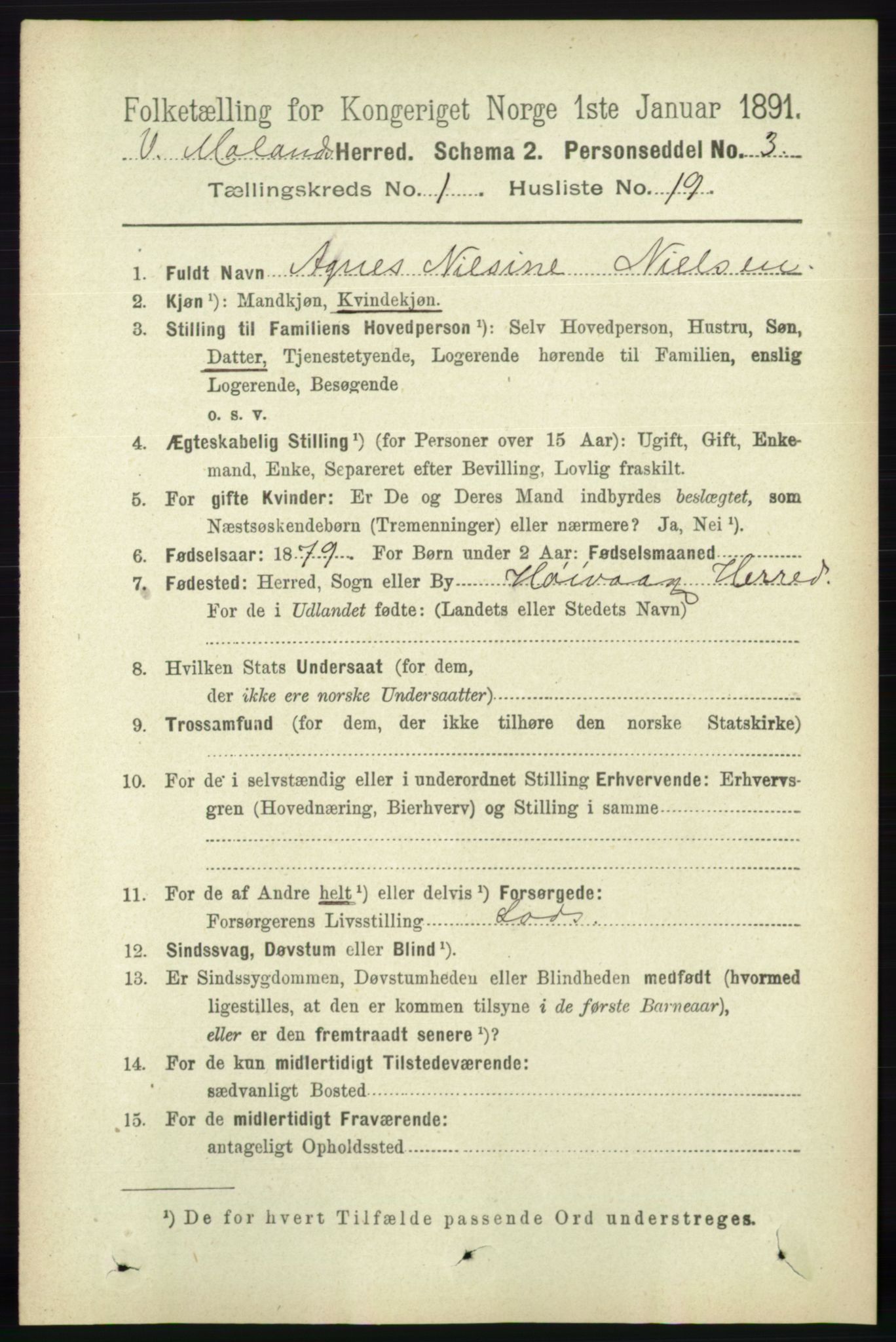 RA, 1891 census for 0926 Vestre Moland, 1891, p. 218