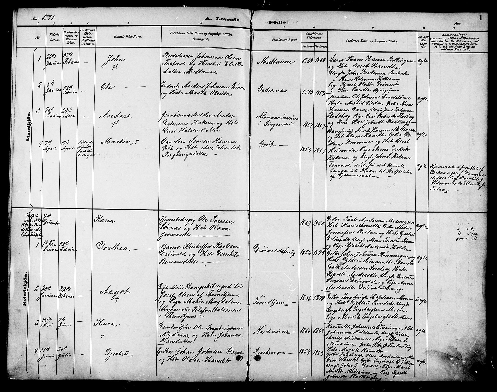 Ministerialprotokoller, klokkerbøker og fødselsregistre - Sør-Trøndelag, SAT/A-1456/685/L0978: Parish register (copy) no. 685C03, 1891-1907, p. 1