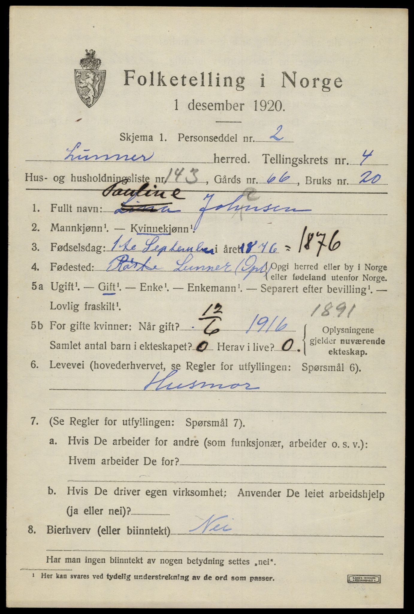 SAH, 1920 census for Lunner, 1920, p. 6907