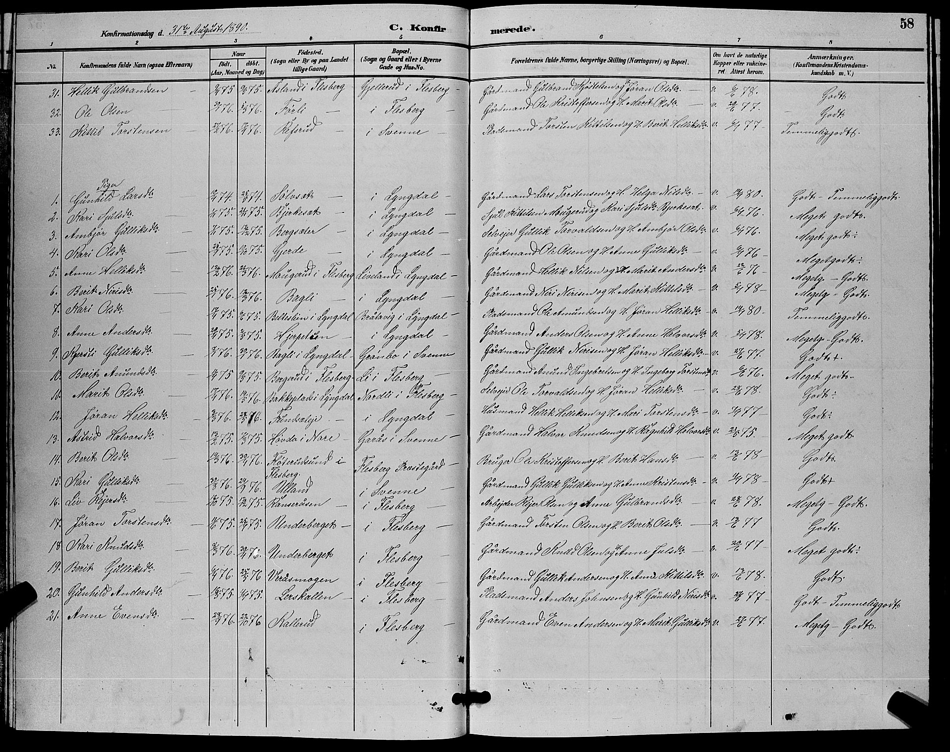 Flesberg kirkebøker, AV/SAKO-A-18/G/Ga/L0004: Parish register (copy) no. I 4 /1, 1890-1898, p. 58