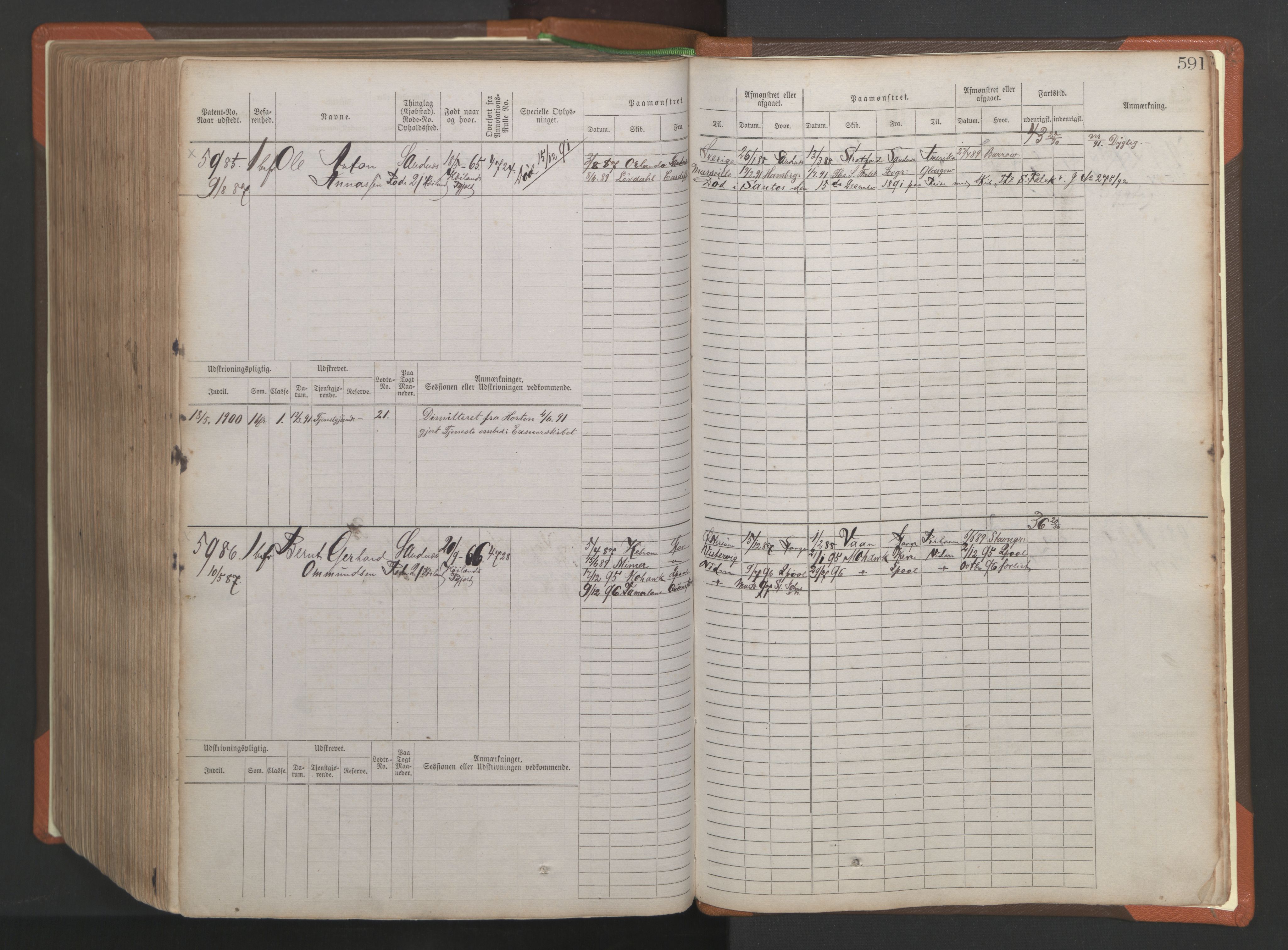 Stavanger sjømannskontor, AV/SAST-A-102006/F/Fb/Fbb/L0009: Sjøfartshovedrulle, patentnr. 4805-6006, 1879-1887, p. 598