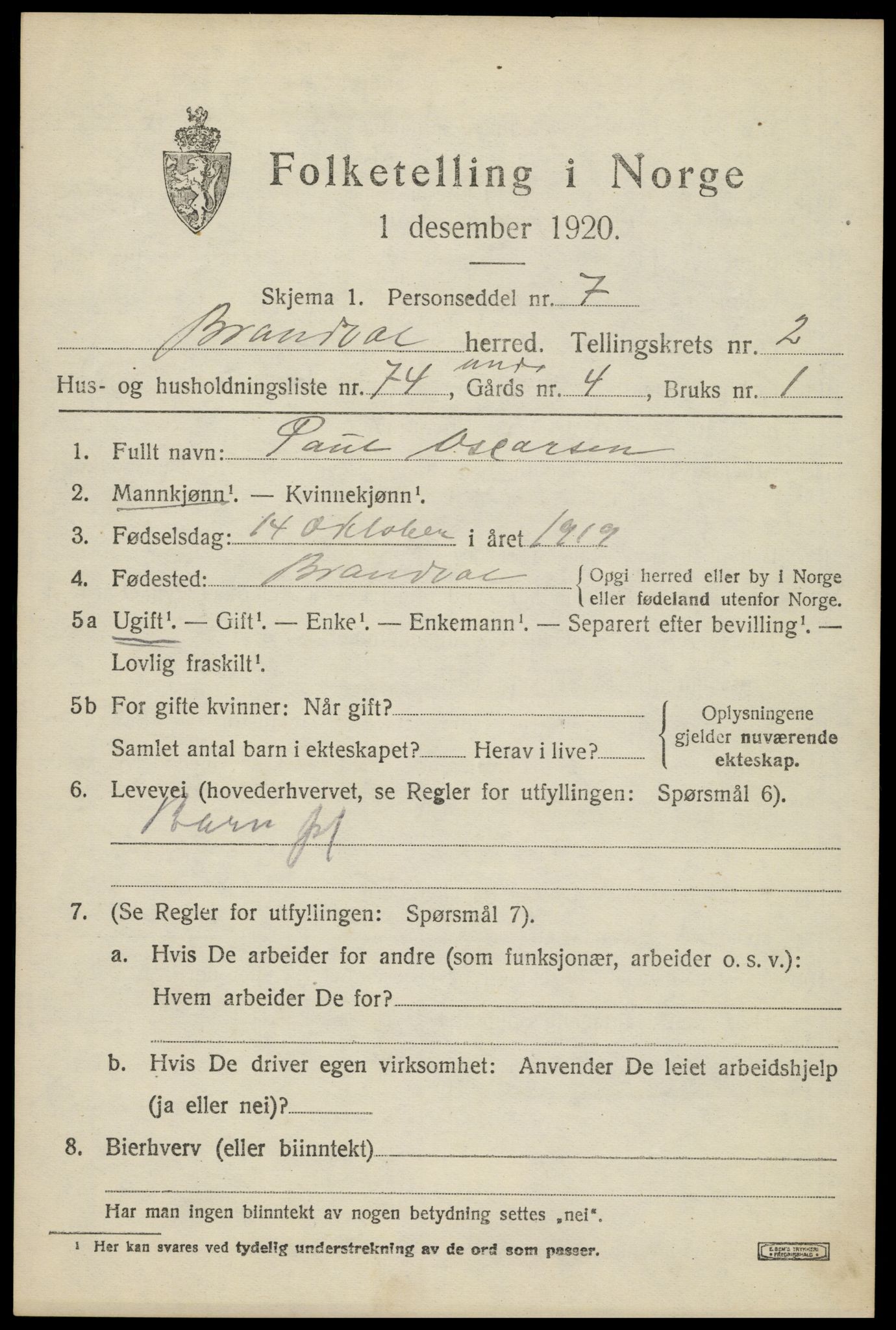 SAH, 1920 census for Brandval, 1920, p. 2978
