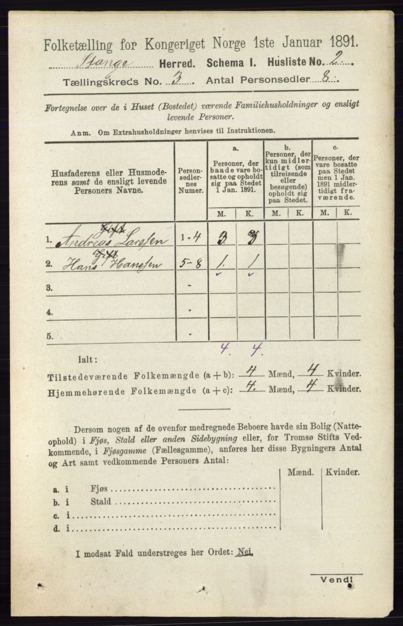 RA, 1891 census for 0417 Stange, 1891, p. 1533