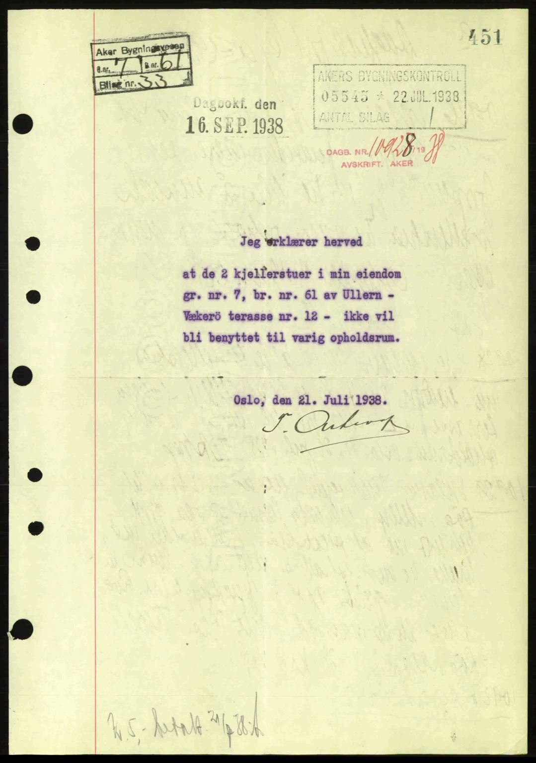 Aker herredsskriveri, SAO/A-10896/G/Gb/Gba/Gbab/L0025: Mortgage book no. A154-155, 1938-1938, Diary no: : 10928/1938