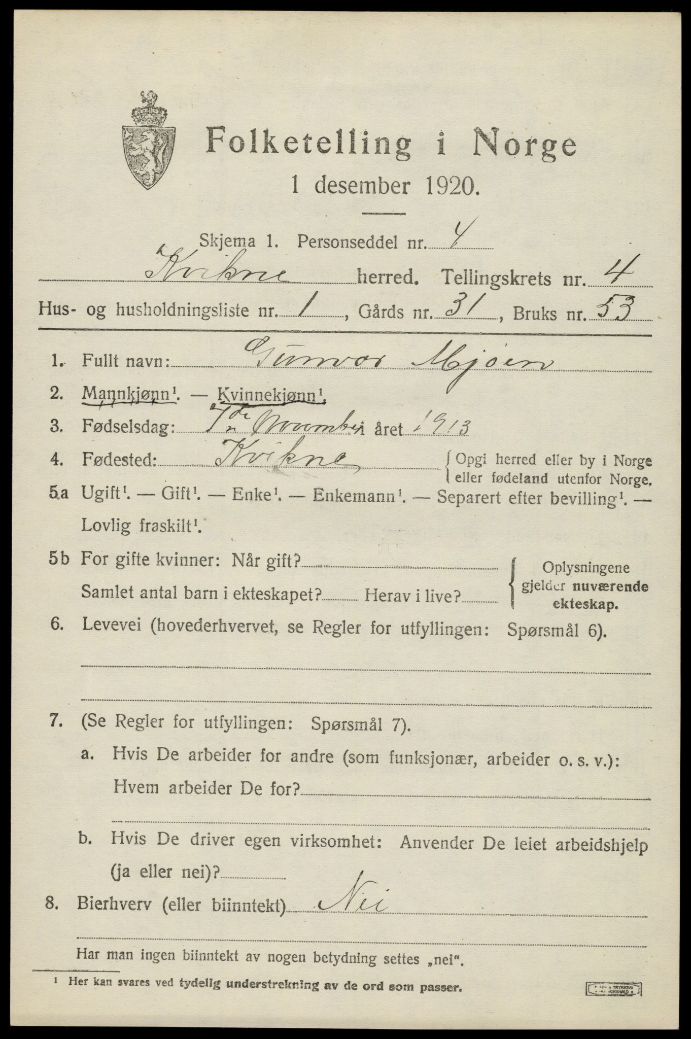SAH, 1920 census for Kvikne, 1920, p. 1634