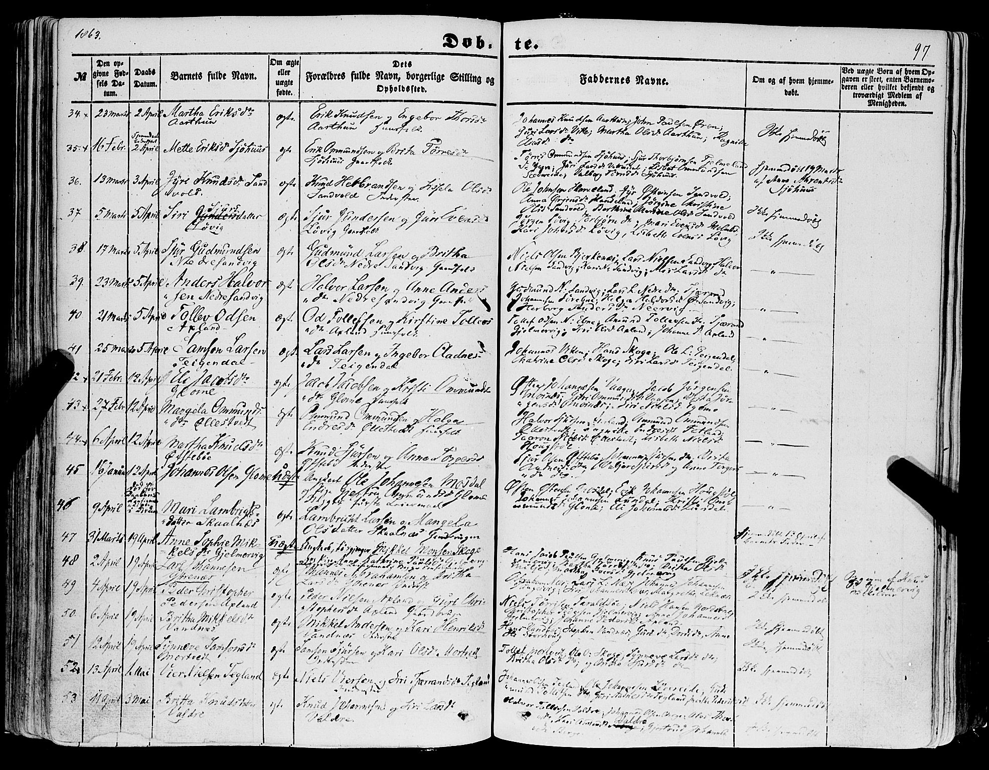 Skånevik sokneprestembete, SAB/A-77801/H/Haa: Parish register (official) no. A 5I, 1848-1869, p. 97
