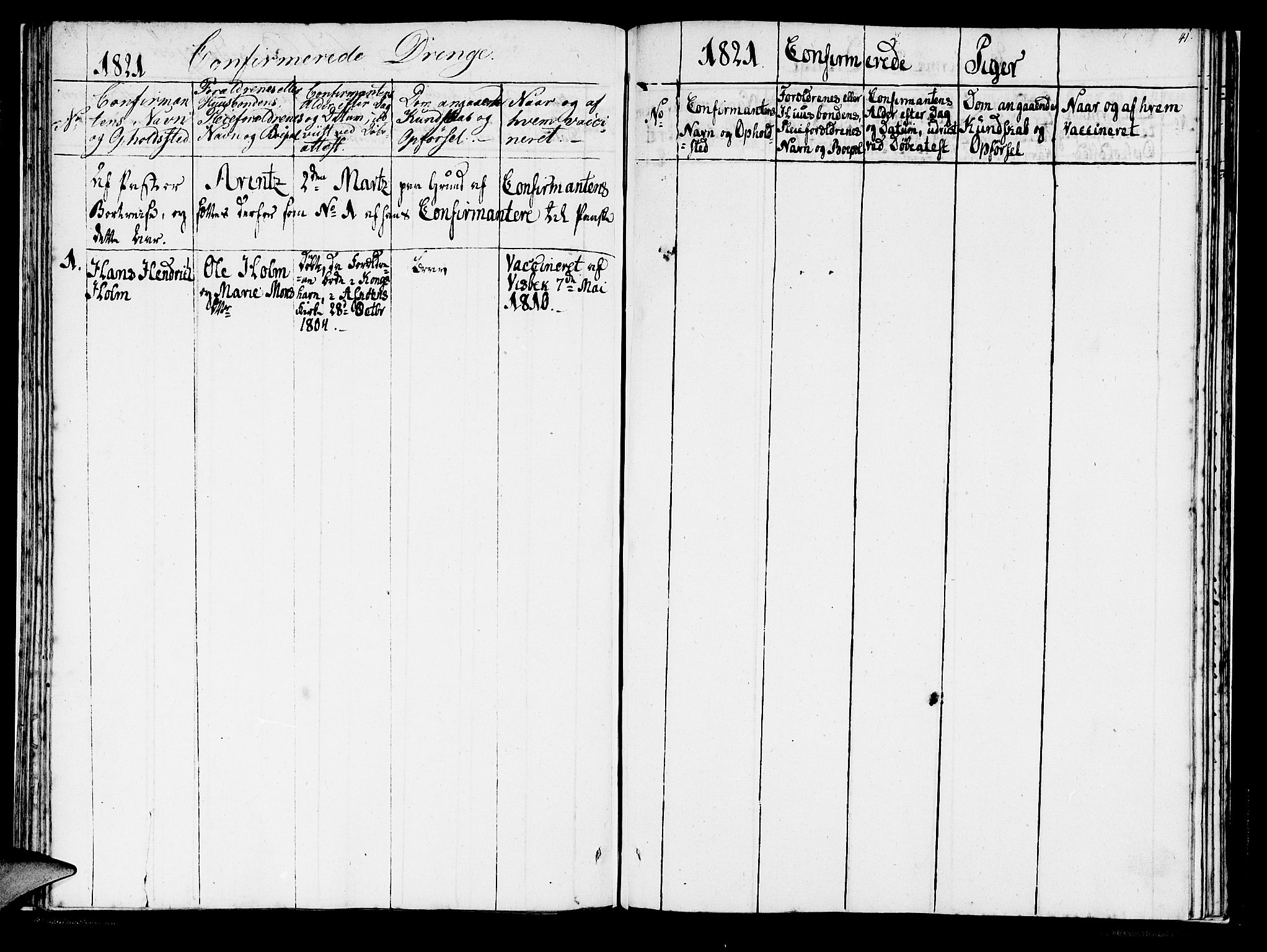 Domkirken sokneprestembete, SAB/A-74801/H/Haa/L0011: Parish register (official) no. A 11, 1820-1821, p. 41