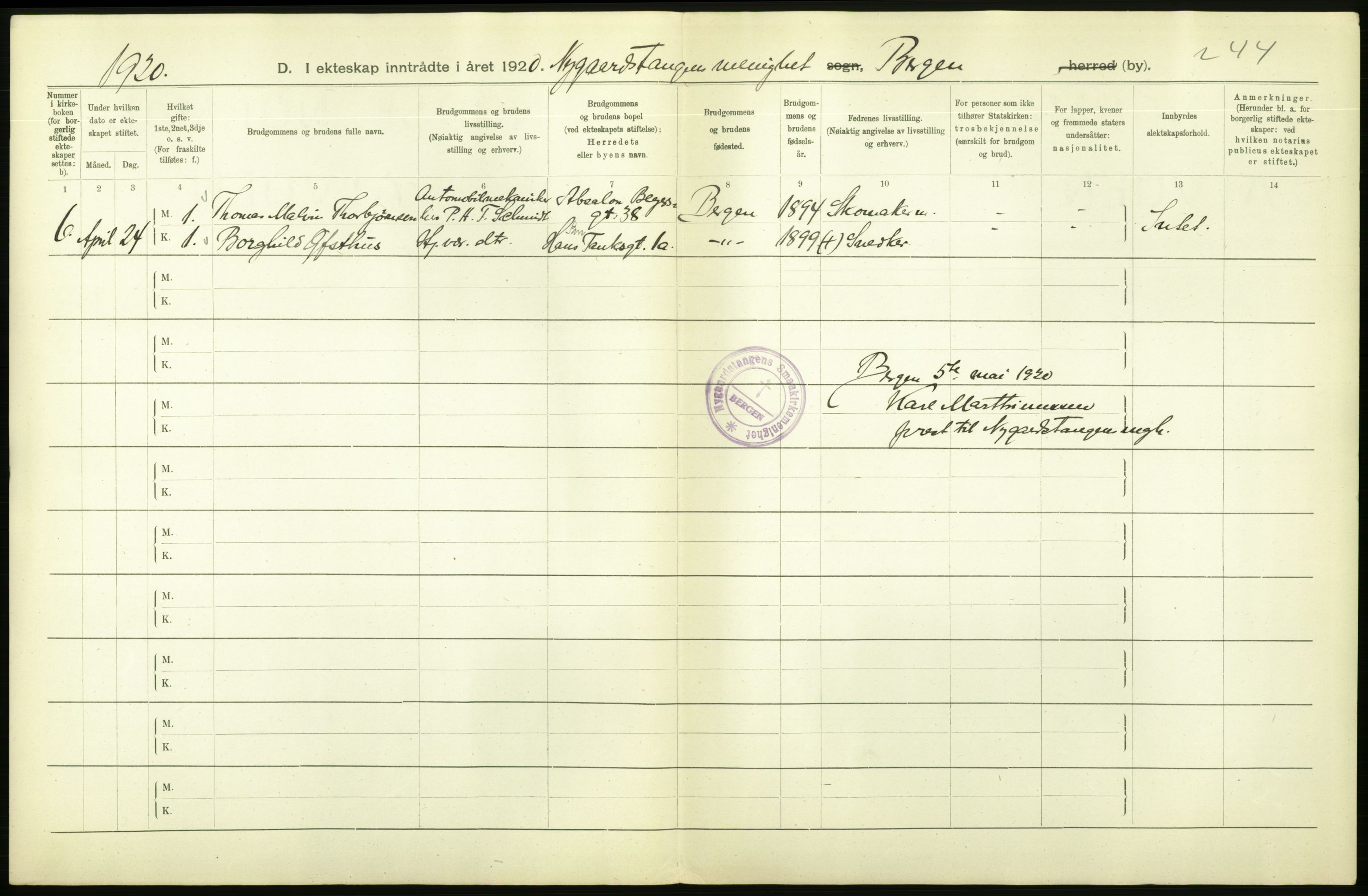 Statistisk sentralbyrå, Sosiodemografiske emner, Befolkning, AV/RA-S-2228/D/Df/Dfb/Dfbj/L0042: Bergen: Gifte, døde, dødfødte., 1920, p. 20