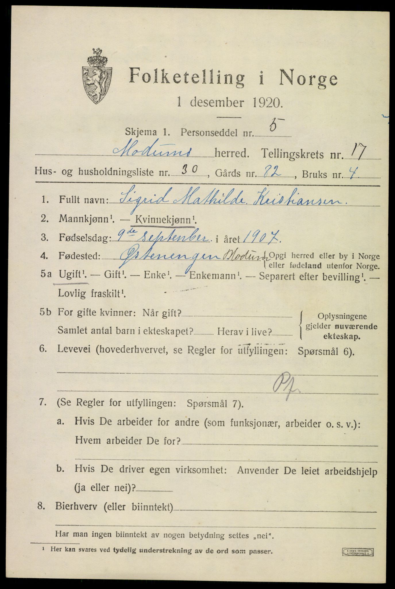 SAKO, 1920 census for Modum, 1920, p. 20589