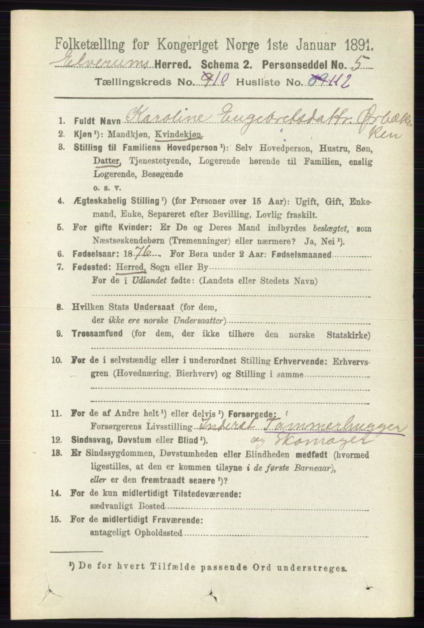 RA, 1891 census for 0427 Elverum, 1891, p. 8928