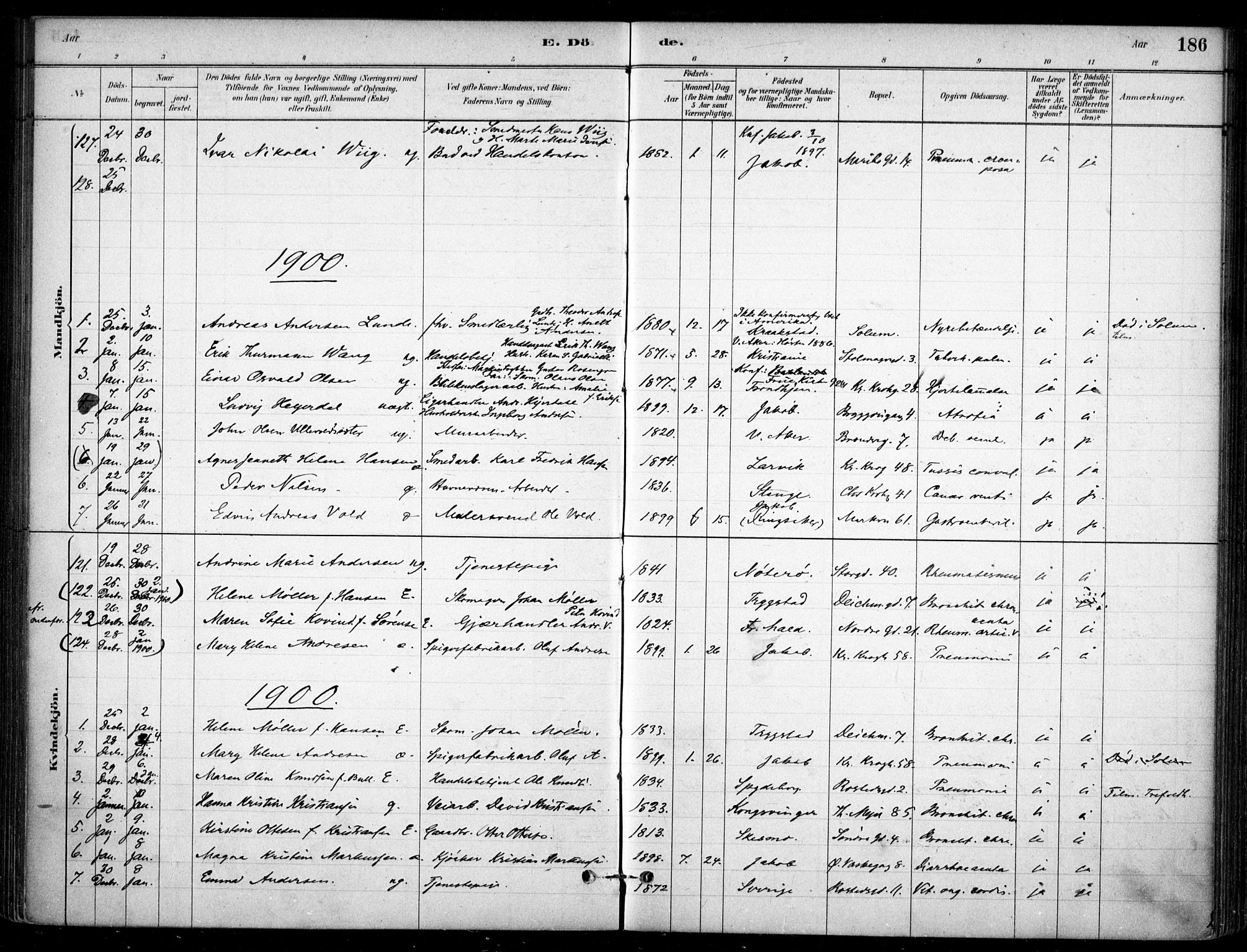 Jakob prestekontor Kirkebøker, SAO/A-10850/F/Fa/L0007: Parish register (official) no. 7, 1880-1905, p. 186