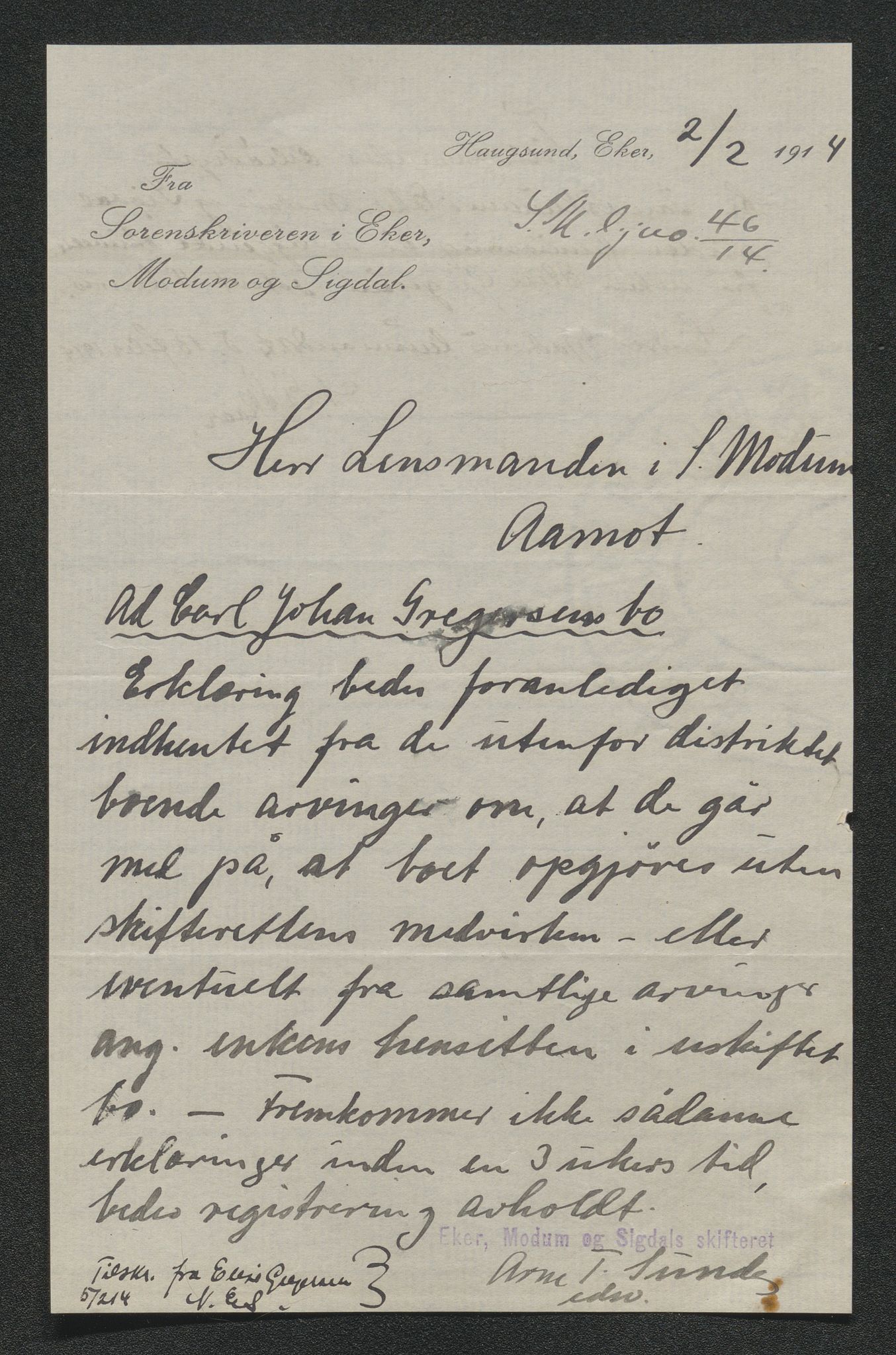 Eiker, Modum og Sigdal sorenskriveri, AV/SAKO-A-123/H/Ha/Hab/L0037: Dødsfallsmeldinger, 1914-1915, p. 178