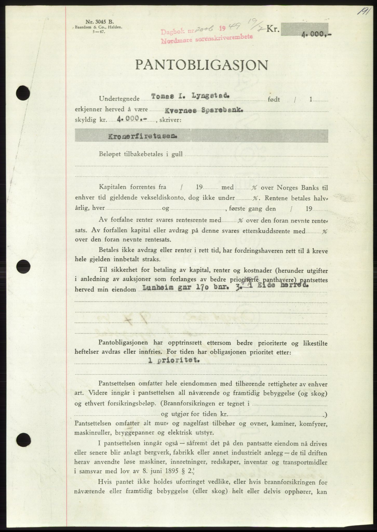 Nordmøre sorenskriveri, AV/SAT-A-4132/1/2/2Ca: Mortgage book no. B102, 1949-1949, Diary no: : 2006/1949