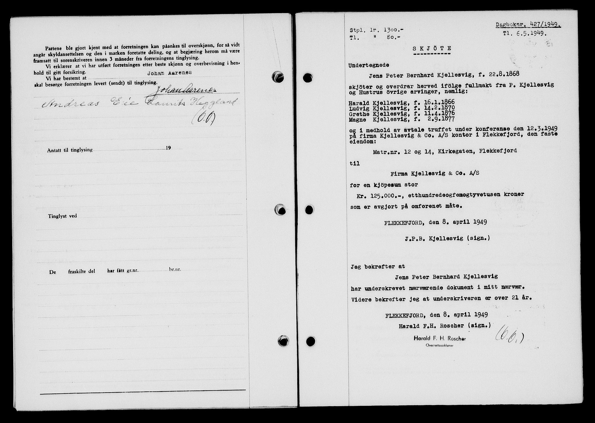 Flekkefjord sorenskriveri, SAK/1221-0001/G/Gb/Gba/L0065: Mortgage book no. A-13, 1949-1949, Diary no: : 427/1949