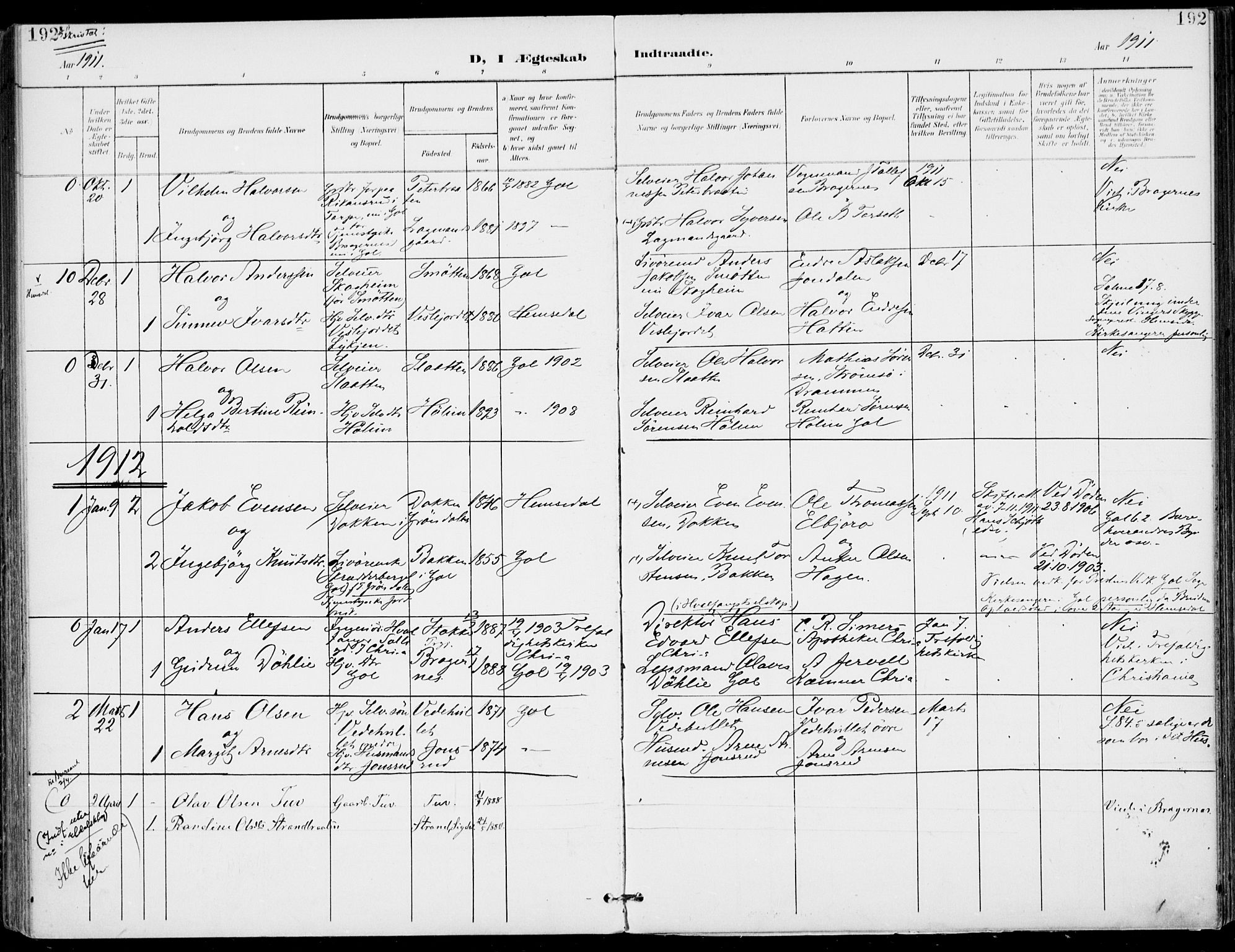 Gol kirkebøker, AV/SAKO-A-226/F/Fa/L0006: Parish register (official) no. I 6, 1901-1918, p. 192