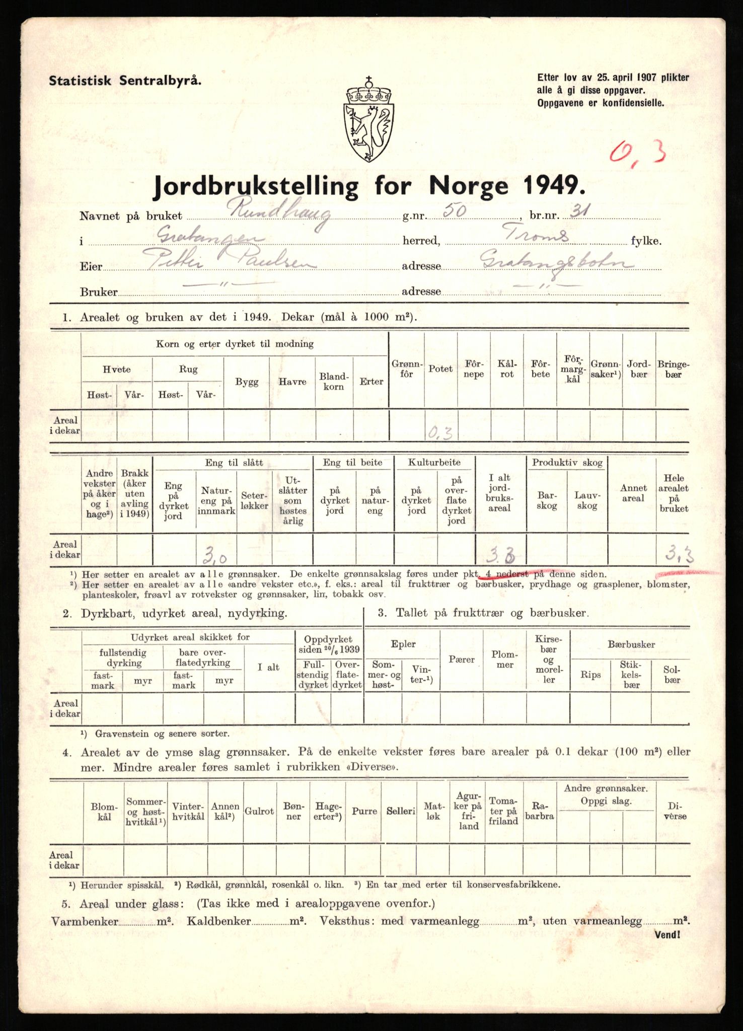 Statistisk sentralbyrå, Næringsøkonomiske emner, Jordbruk, skogbruk, jakt, fiske og fangst, AV/RA-S-2234/G/Gc/L0437: Troms: Gratangen og Lavangen, 1949, p. 615